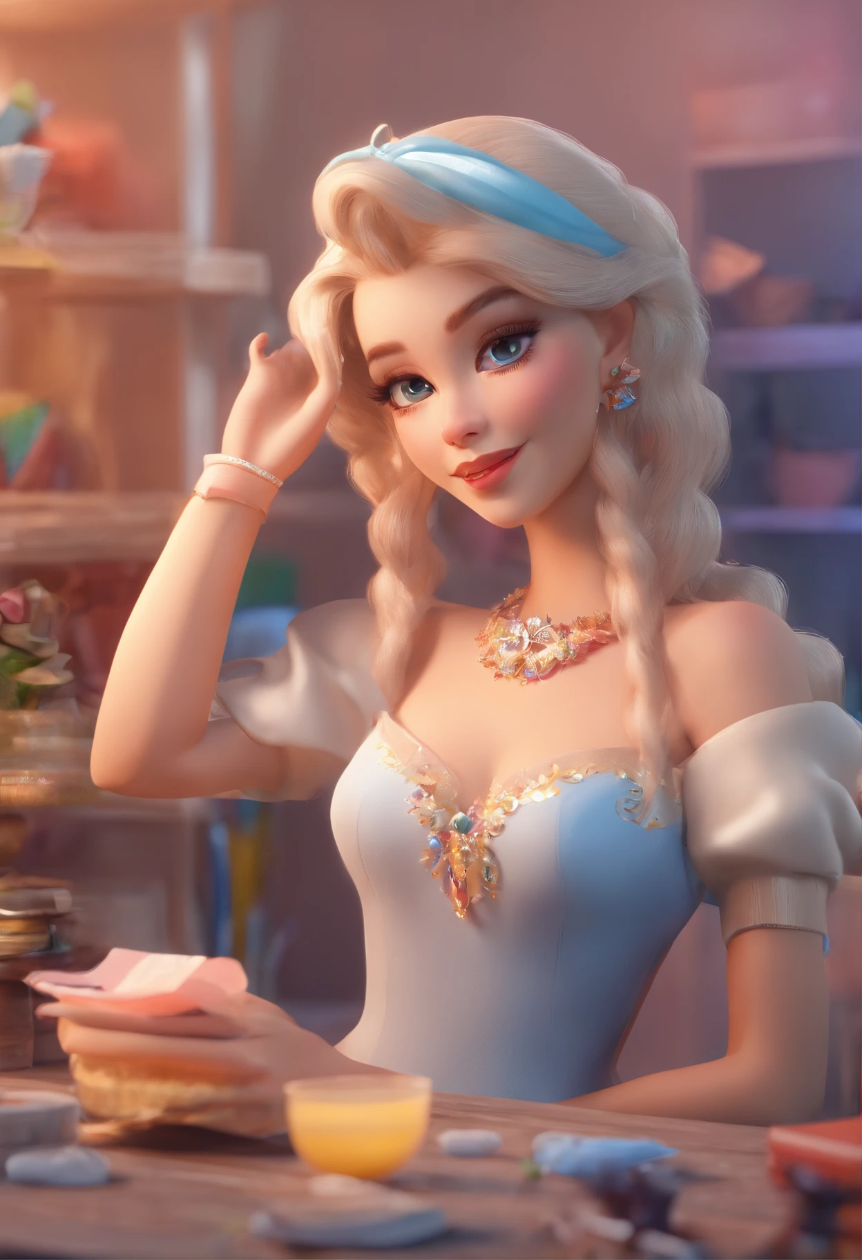 best quality, master part, fotorrealista, extremamente detalhado CG unidade 8k papel de parede, Chibi,1girl, Elsa,sozinho, cheio_corpo, sorrir, Olhando_em_visualizador, ao ar livre,