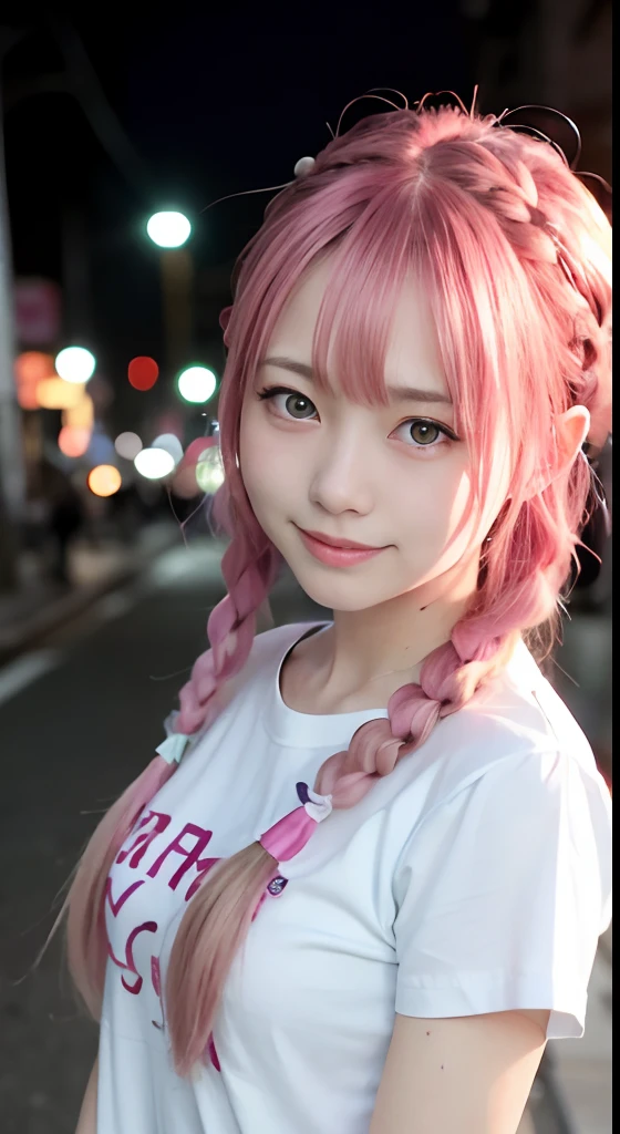 女の子1人、on tokyo street、natta、A city scape、city light、The upper part of the body、up close shot、Blue eyes,Full body,faces、(A smile:1.5)、small tits、Band T-shirt、(8K、Raw photography、top-quality、masterpiece:1.2)、(realisitic、photoRealstic:1.37), (Pink hair), Ear Hair, small tits, Single braid, (Single braid), (Side braid)