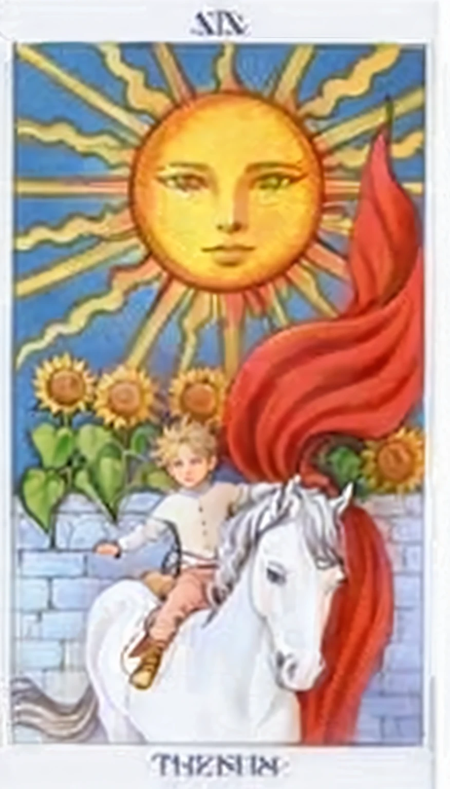 Cartas del Tarot Rider Waite, Artistic Tarot Card Ancient Style Medieval Era Depicts The Sun In Tarot Cards, A Boy on a White Sunflower Horse.