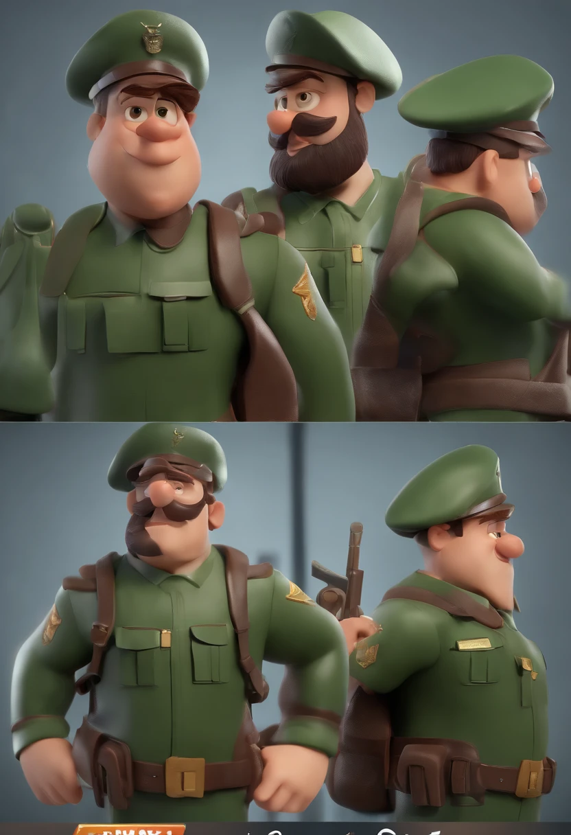 Cartoon character of a man with dark green military beret on his head, animation character, Caractere estilizado, animation style rendering, 3D estilizado, Arnold Maya render, 3 d render stylized, toon render keyshot, Personagem 3D, Personagem 3D, 3d rendering stylized, 3 d character render, personagem de desenho animado, Personagem de close up, Pose de personagem, (Estilo Pixar) (master part:1.2) (Bokeh) (best quality) (pele detalhada) (textura detalhada) (8k) (argila) (Cinematic lighting) (foco nítido
