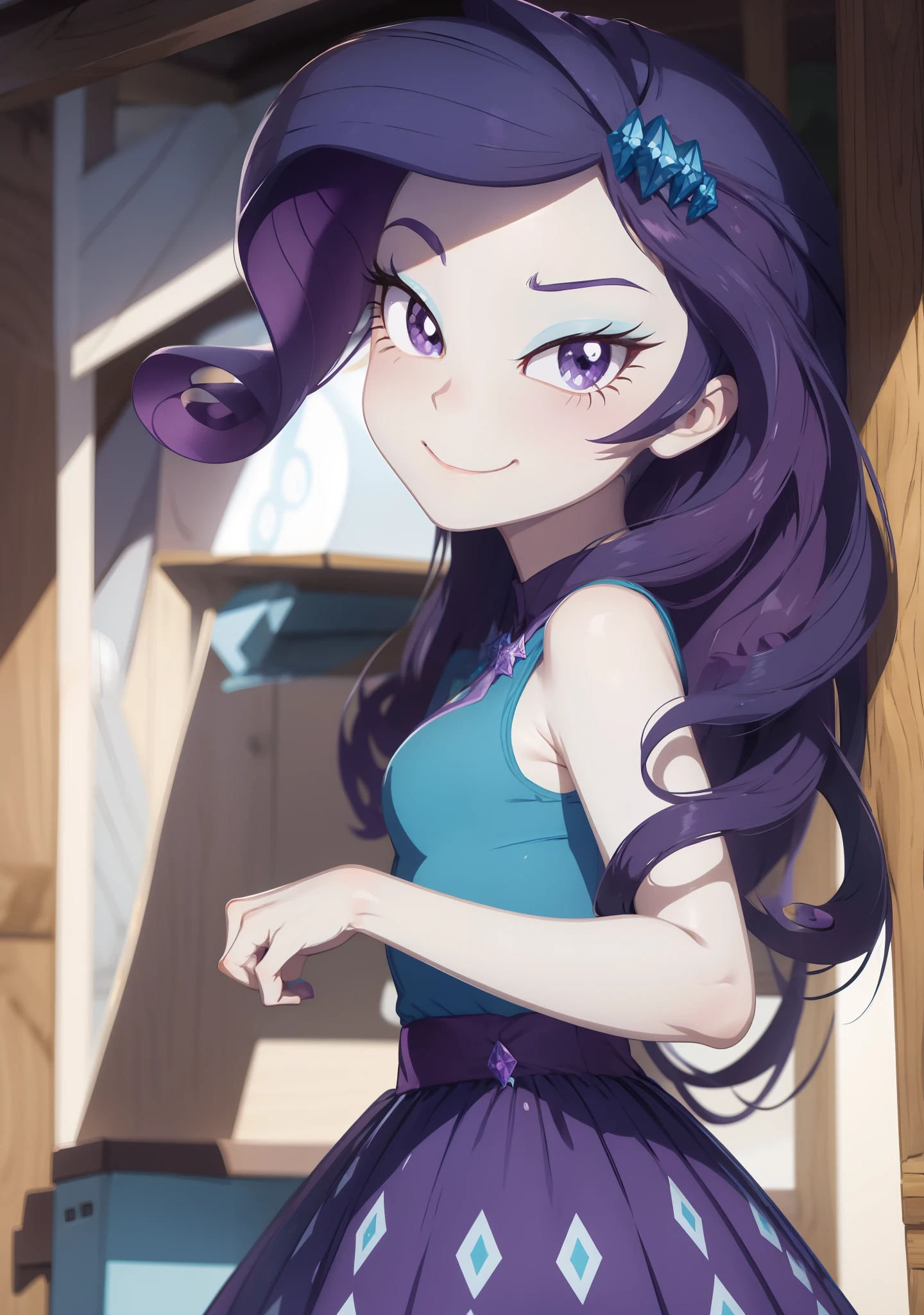 a close up of a cartoon girl in a dress and a dress, purple eyes and white dress, wearing diamond armor, nefarious smirk, equestria, she has a diamond eye, a purple and white dress uniform, giddy smirk, anthropomorphic mare, she has pale blue skin!!!, wearing fantasy formal clothing, wearing fancy clothes, rarity, equestria girls