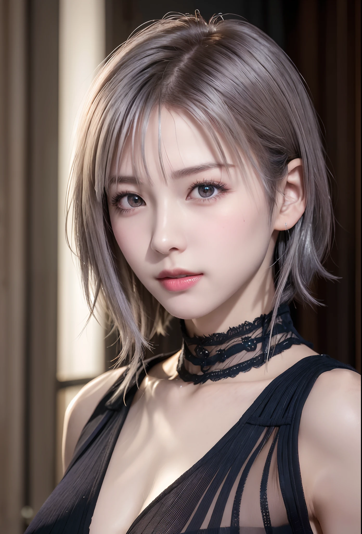 (8K, Photorealistic, Raw photo, of the highest quality: 1.3), (1girl in), Super beautiful, (Realistic face), (boyish, Silver Color Berry Shorthair), Beautiful , Glare that captivates the viewer, Beautiful expression, Beautiful breasts, (Realistic skin), Beautiful...