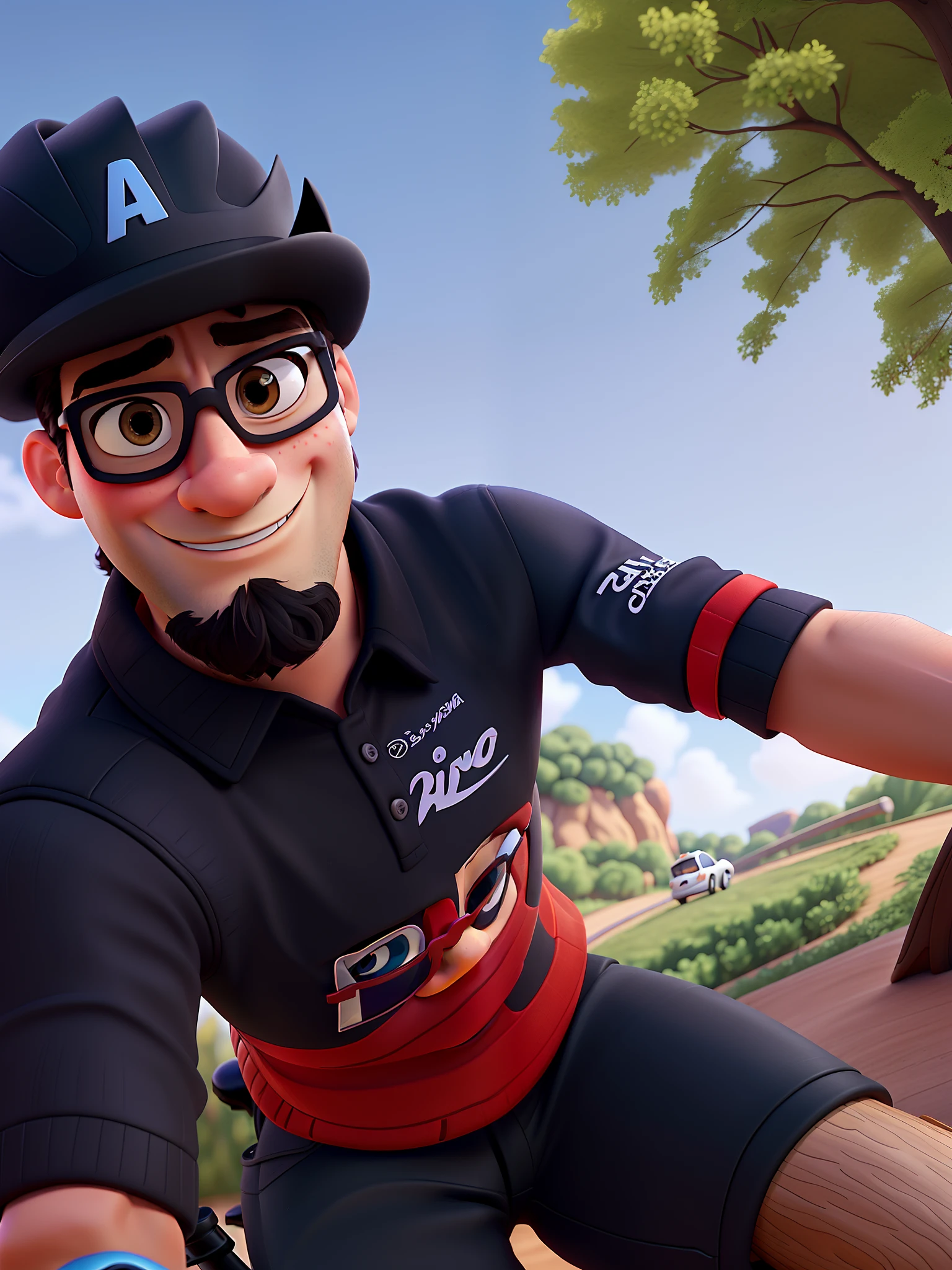 poster no estilo disney pixar.A dark-haired brunette man with black eyes and sunglasses on top of a Disney Pixar style bicycle, alta qualidade, melhor qualidade