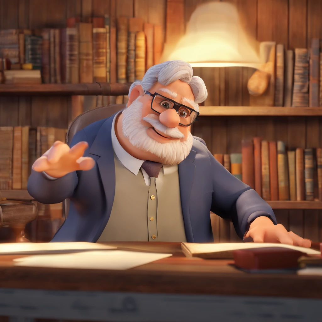 Crie um cartaz inspirado na Disney Pixar com o personagem sendo o pastor Rubens Janier, A gray-haired man wearing glasses, in an office with a Bible on the table, Looking forward and serious