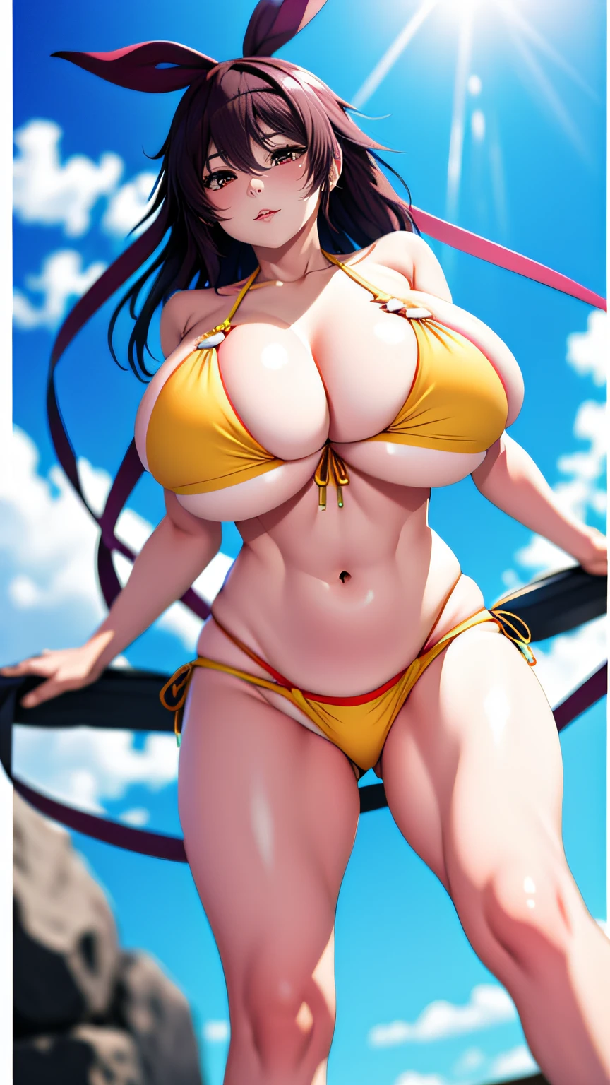 1woman, Mizuki_Shiranui, (bikini:1.2), hair ribbon, (from below:1.3), huge breast,
(masterpiece, high quality, best quality, 4k, 8K, 16K, highres, absurdres:1.2)