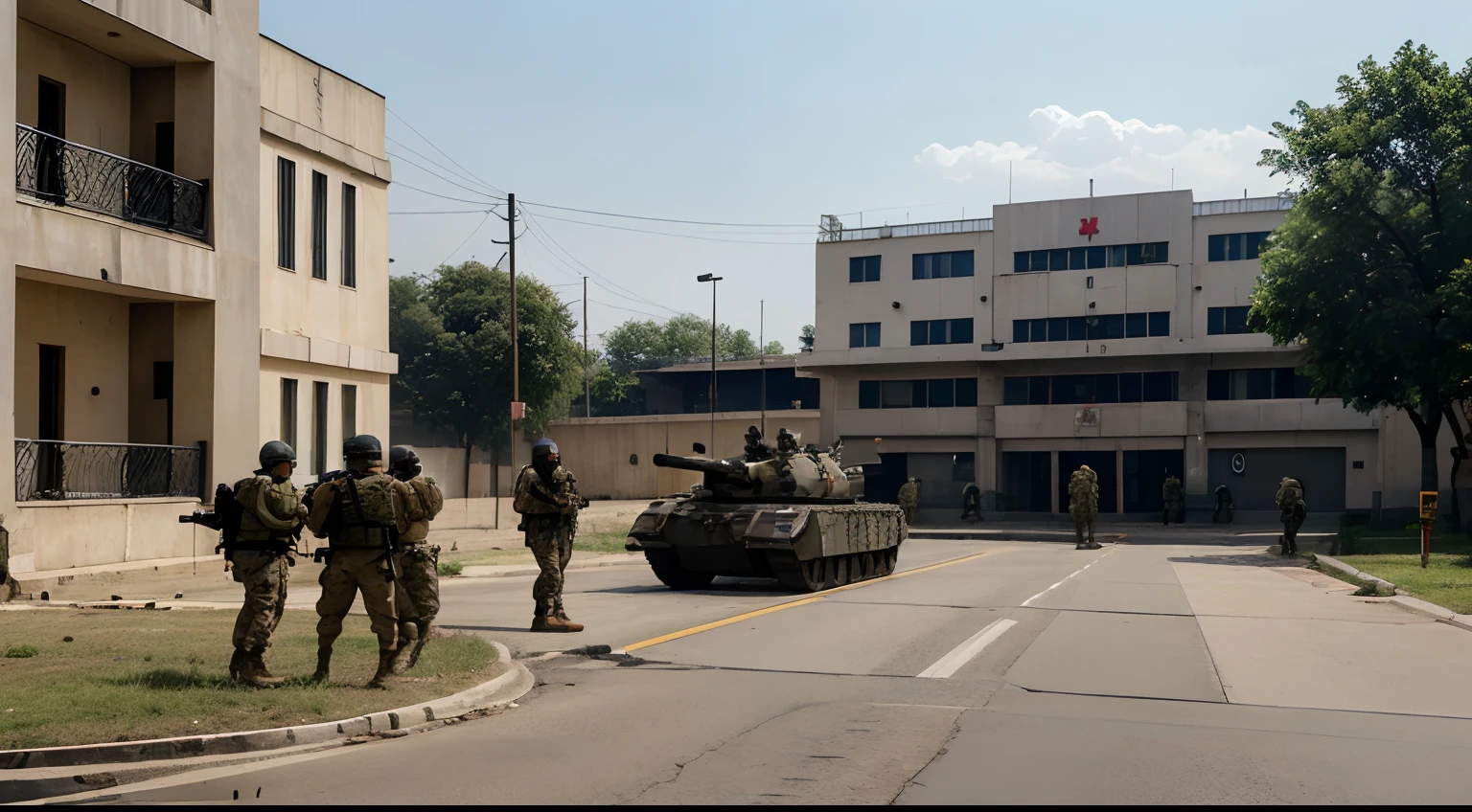 A group of heavily armed soldiers in front of a hospital, Soldiers, karo, tank, Barricades, Soldiers with guns, Real Pictures, High Quality, wide shot, realistic detailed,