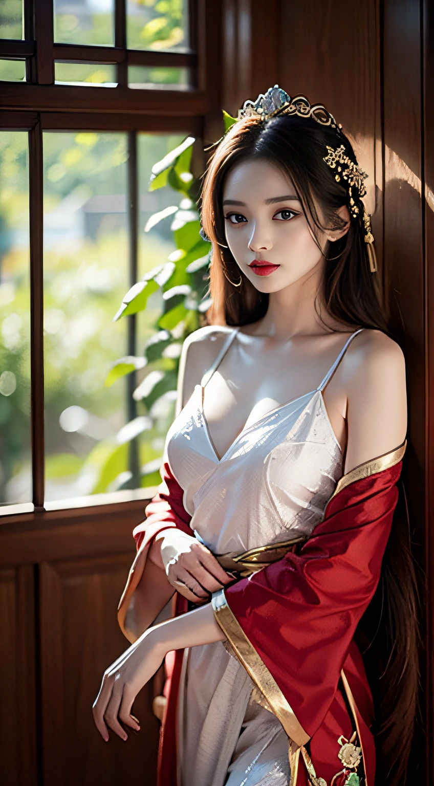 Official Art, Unity 8k wallpaper, ultra-detailed, beautiful, beautiful, masterpiece, best quality, mystery, romanticism, horror, literature, art, fashion, tang dynasty era, decoration, intricate, embroidery, red hanfu, red tulle jacket, 1 girl, big breasts, black hair, red headband, red hairpin, sad, fatalistic, bust composition, dramatic composition, movie lighting, dynamic perspective, sexy, bare thighs, bare shoulders, full of temptation, red maple forest, maple leaves falling, Red maple background, cloudy mist, dramatic composition,
