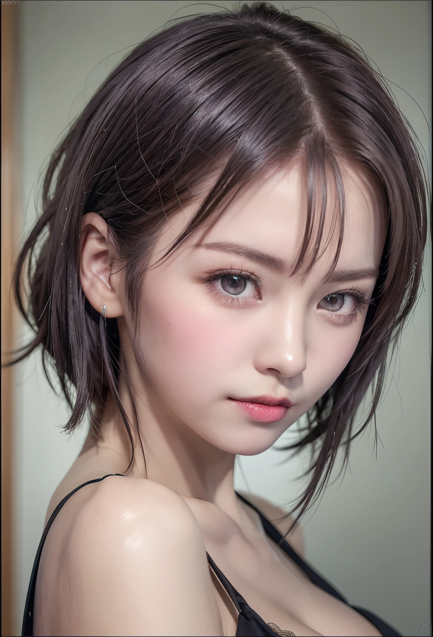 (8K, Photorealistic, Raw photo, of the highest quality: 1.3), (1girl in), Super beautiful, (Realistic face), (boyish, Silver Color Berry Shorthair), Beautiful , Glare that captivates the viewer, Beautiful expression, Beautiful breasts, (Realistic skin), Beautiful...