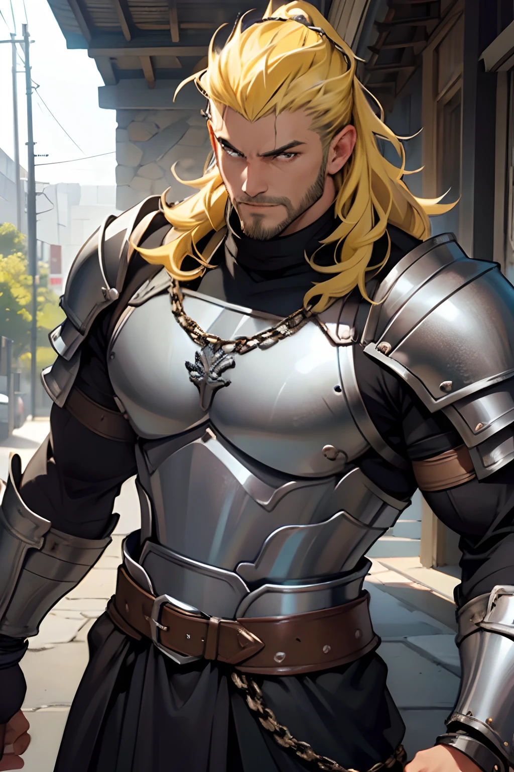 Shifter, warrior, swarthy, light gray eyes, Yellow hair ,sideburns, dnd, Big nose, human face, Full-length, Height 174, Weight 65 kilograms, Chain mail armor, Chain mail