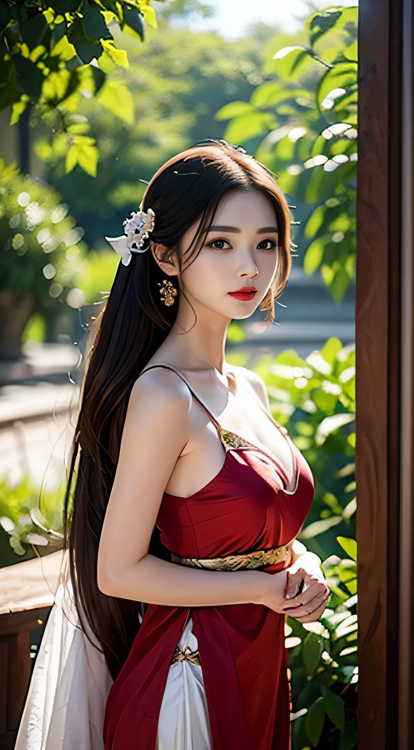 best qualtiy，tmasterpiece，Ultra-detailed high resolution，（Photorealsitic：1.4），RAW photogr，，illustratio， Chinese woman in red dress, Beautiful fox queen, eye looking to camera，The three huge white fox tails are very conspicuous，The tail is raised high，Big red dress，No chest exposed，Princesa chinesa antiga, chinese empress, ancient chinese beauti, ((Beautiful fantasy queen with three fox tails)), Chinese fantasy, xianxia fantasy, Beautiful rendering of the Tang Dynasty, Chinese style, an ancient Chinese goddess, Palace ， A girl in a big red Chinese dress，fully body photo（Solo exhibition：1.2），（cowboy lens：1.2），（Hair crown：1.2），Ancient traditional costumes, China，Red shoulder straps，（Red eyeliner：1.2），（：1.4），耳Nipple Ring，Dynamic Angle，opera house，Messy_Long_Hair，ink，电影灯光，lens_flare，velvet，chrysanthemums，nipple tassels，Ribbons，color embroidery，