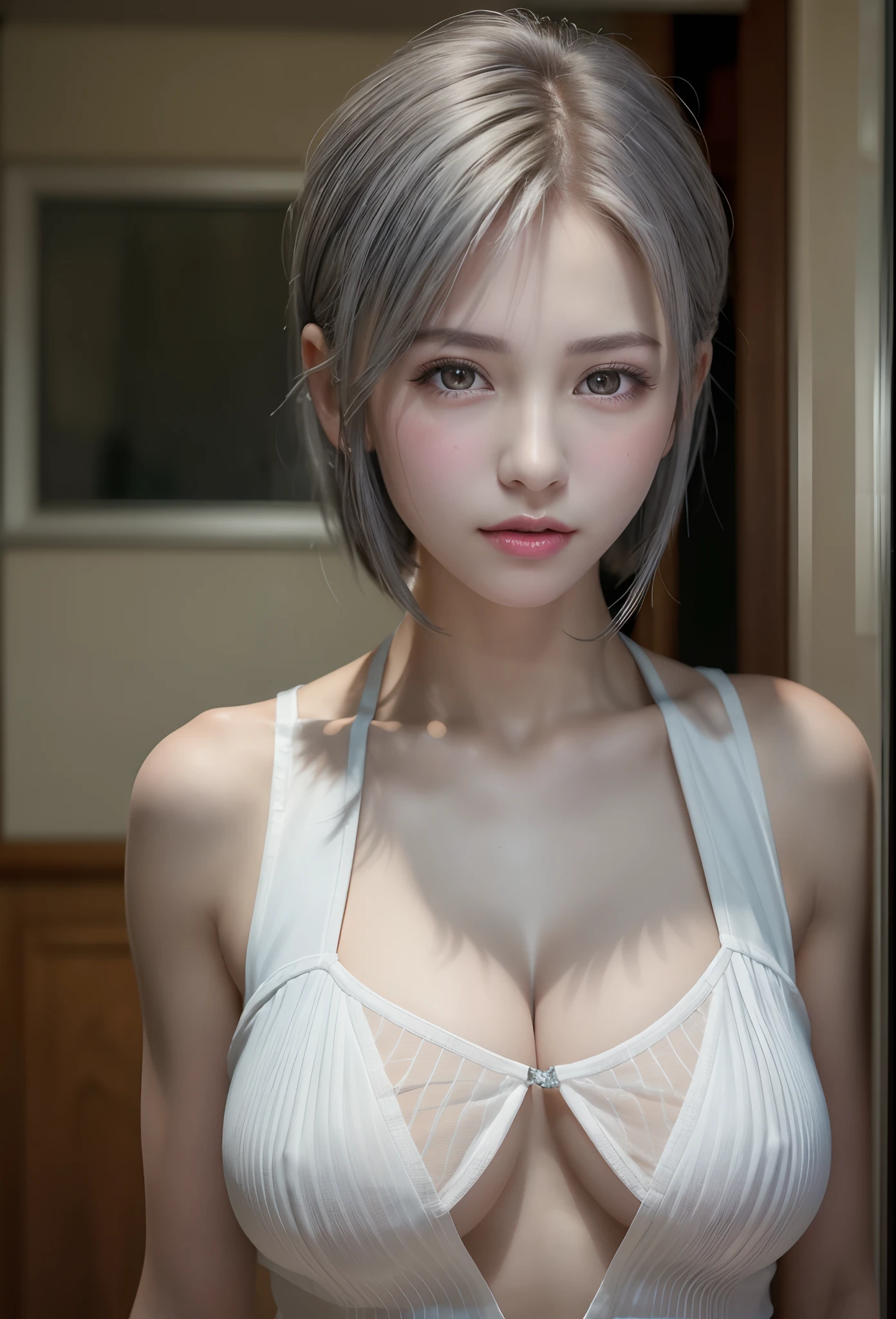 (8K, Photorealistic, Raw photo, of the highest quality: 1.3), (1girl in), Super beautiful, (Realistic face), (boyish, Silver Color Berry Shorthair), Beautiful , Glare that captivates the viewer, Beautiful expression, Beautiful breasts, (Realistic skin), Beautiful...