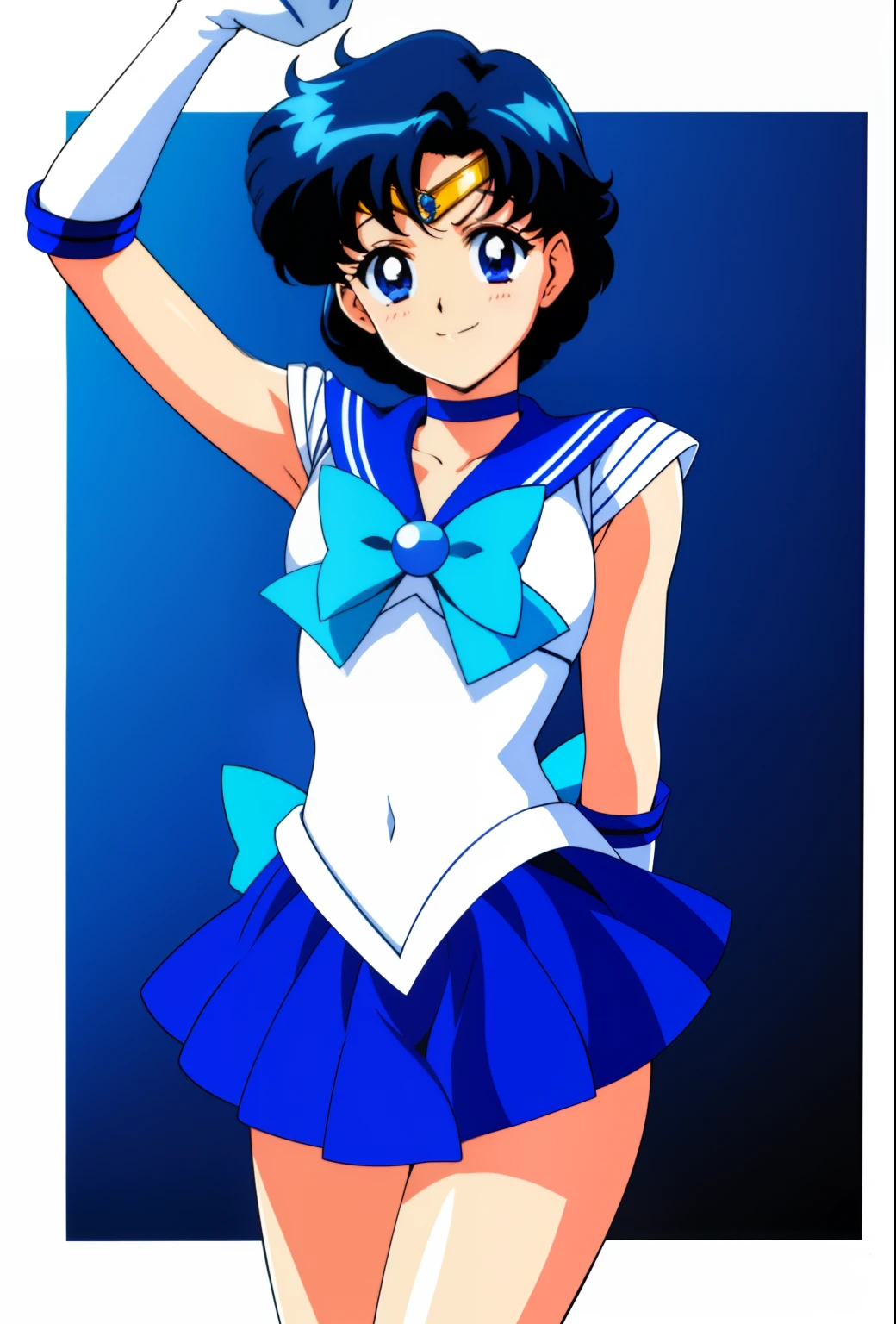 top-quality、masterpiece、Anime Boy、 boys、gender change、gender change(Girls to boys)、Sailor Mercury、Ami Mizuno、Sailor Senshi Uniform、rating:safe、Blue choker、solo、Very short blue-haired boy、Blue-eyed boy、Blue sailor collar、Sky blue bow tie、skirt、Magical Boy、white glove、elbowgloves、jewelry、a blue skirt、bow、back_bow、White leotard、highleg leotard、robe blanche、耳Nipple Ring、smile、circlet、a miniskirt、pleatedskirt、official_style、cowboy_shot、Muscular men、looking_at_viewer、blue_theme、blue_bow、sky blue_bow、brooch、Bare shoulders、bare legs、(1990's\(styles\):0.9)、
