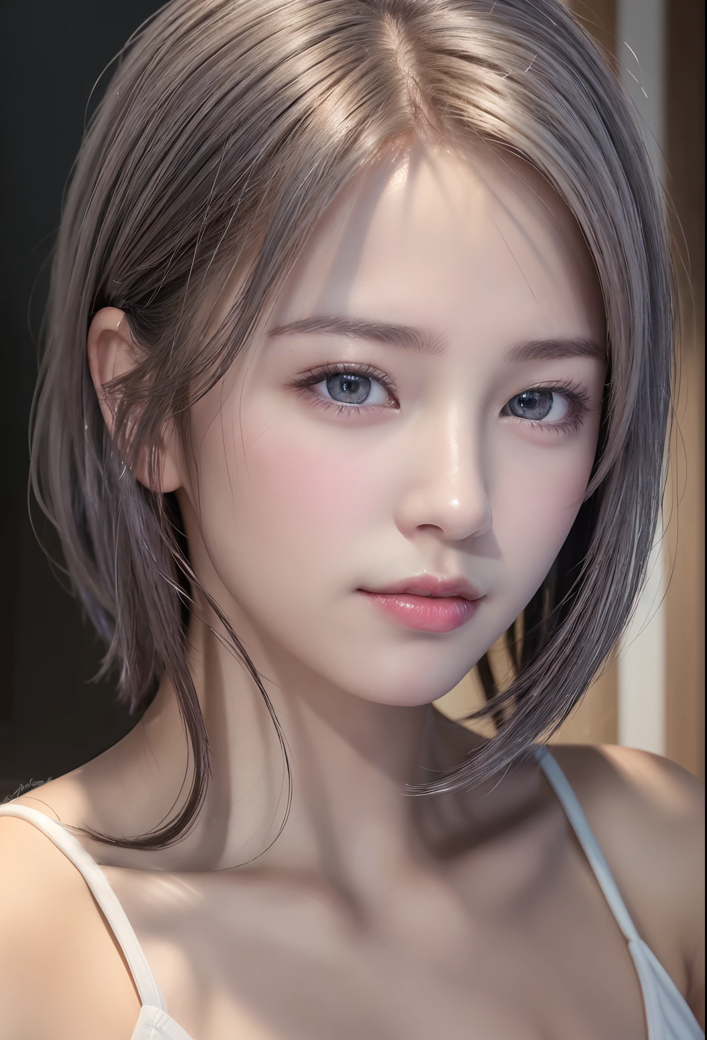 (8K, Photorealistic, Raw photo, of the highest quality: 1.3), (1girl in), Super beautiful, (Realistic face), (boyish, Silver Color Berry Shorthair), Beautiful , Glare that captivates the viewer, Beautiful expression, Beautiful breasts, (Realistic skin), Beautiful...