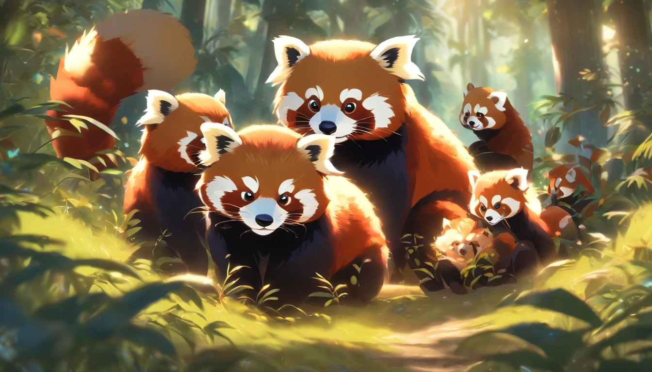 A family of red pandas in a dense forest, Luscious vegetation, Majestic presence, Fierce and powerful stance, Intense eye contact, , Detailed patterns, Enchanting grace, Deep connection, Red panda nursing its cubs, Playful interaction, Agile movement, Ambient lighting, subtle shadows, Vibrant colors, lifelike rendering, Ultra-detailed depiction, Stunning brush strokes, Photorealistic style, rich textures, breathtaking scenery, vibrant greenery, Dappled sunlight, Ethereal Atmosphere, Immersive experience, high resolution images, HDR Quality, Professional illustration.