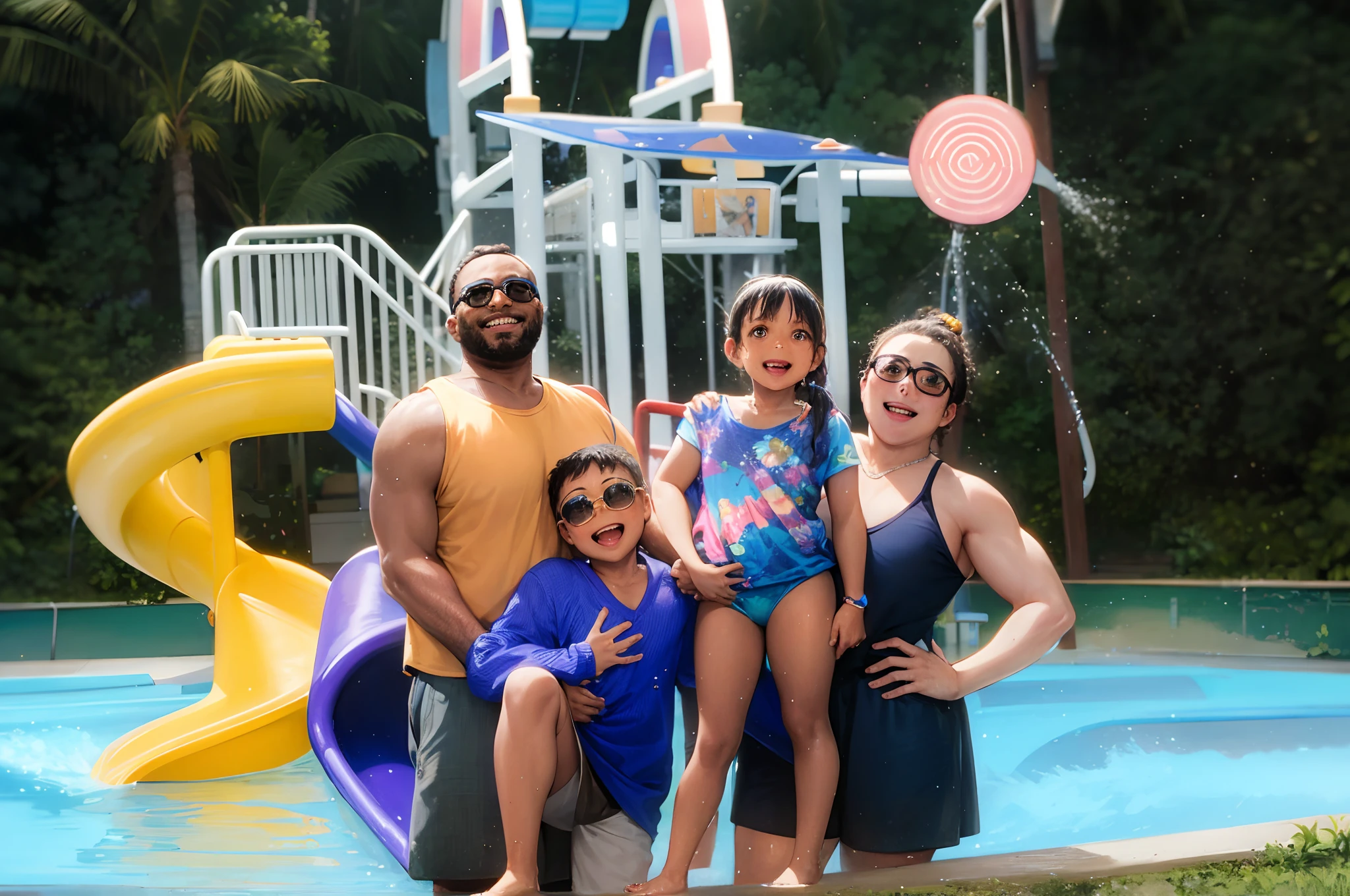 There's a group of people in front of a water slide., de oculos escuro,  waterpark, divertindo-se, vacation photo, Familiar, Family photo.