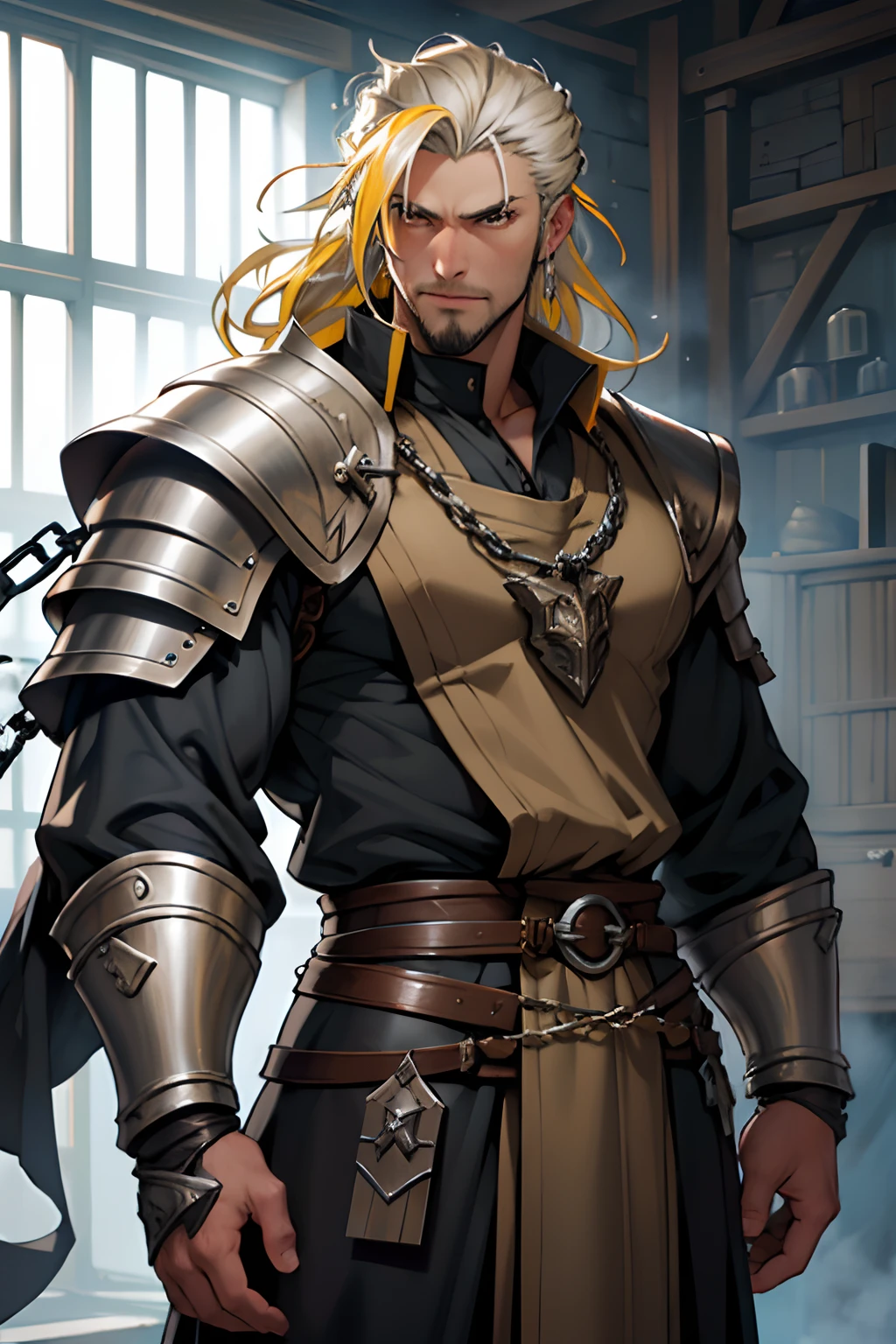 Shifter, warrior, swarthy, light gray eyes, Yellow hair ,sideburns, Warrior's Clothing, dnd, Big nose, human face, Full-length, Height 174, Weight 65 kilograms, Chain mail