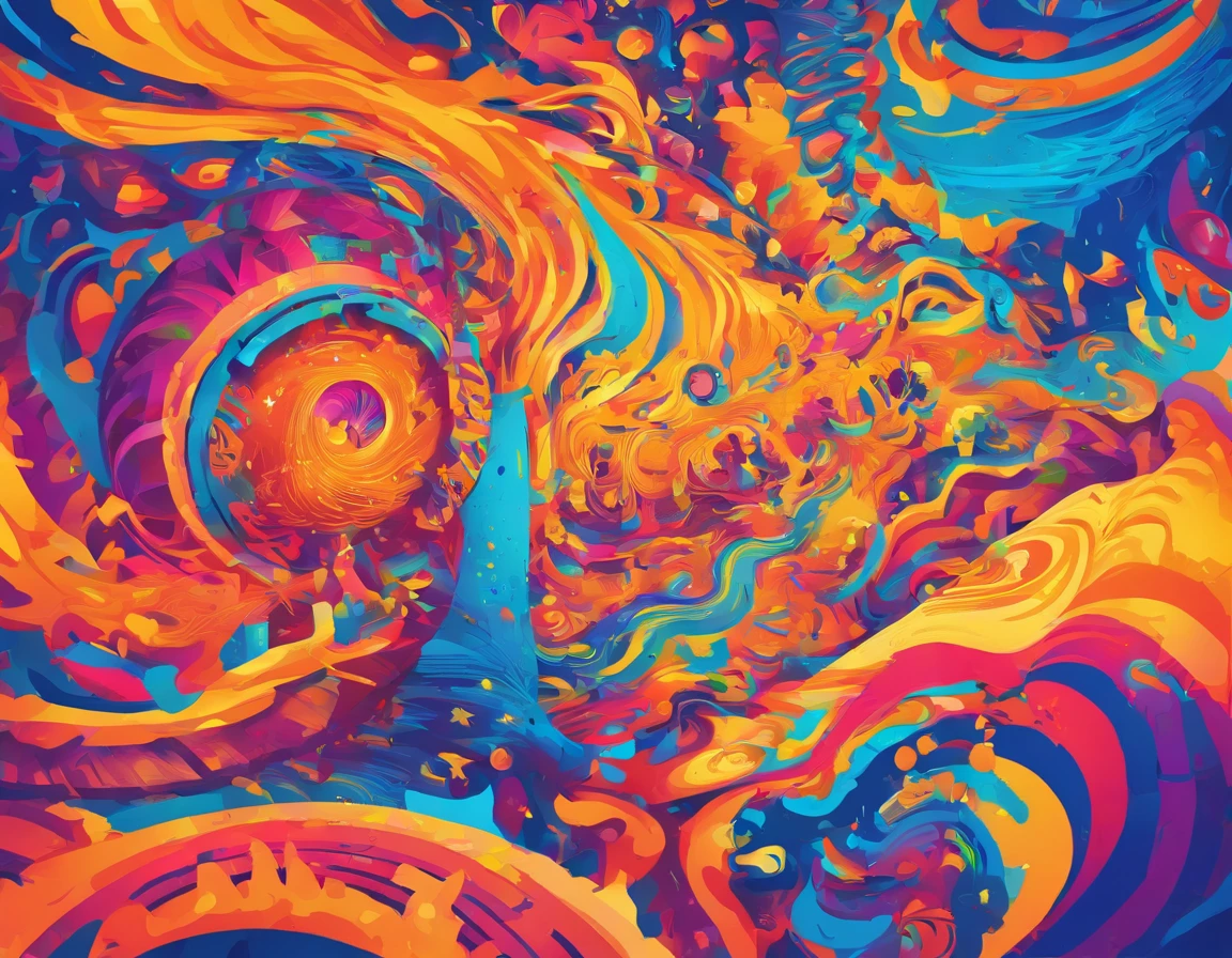 Create a psychedelic cyberpunk screensaver with a laptop from this image. Manter realista a personagem e o logotipo. Manter na paleta de cores azul e amarelo.