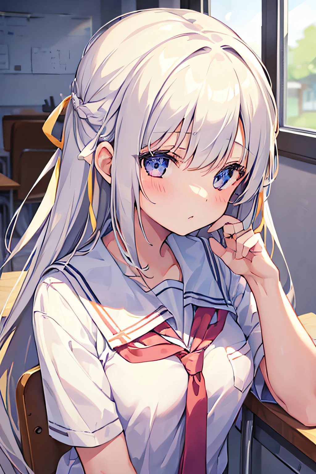1girl, young girl, ivory hair, long hair, bangs, wearing a school uniform, a bored face, in the class room, hair ribbon