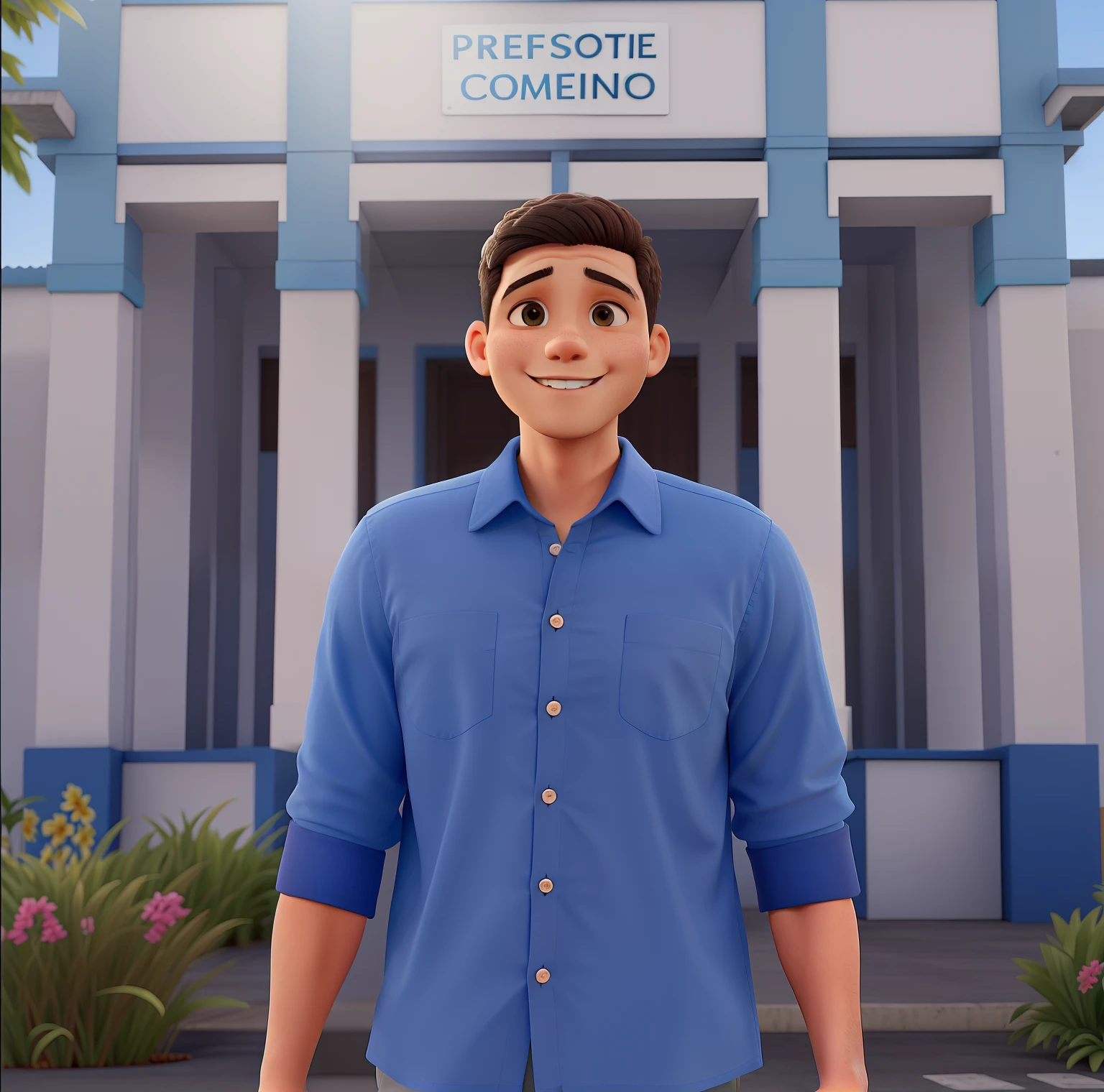prefeito loiro com 28 anos, sorridente, com camisa social azul, em frente a uma prefeitura,