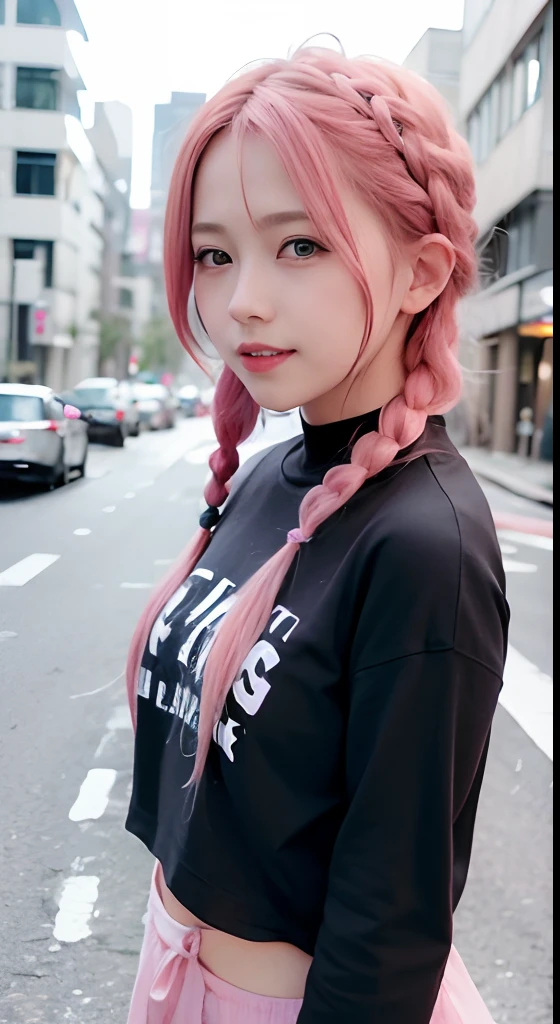 女の子1人、on tokyo street、natta、A city scape、city light、The upper part of the body、up close shot、Blue eyes,Full body,faces、(A smile:1.5)、small tits、Black Long Sleeve T-Shirt、(8K、Raw photography、top-quality、​masterpiece:1.2)、(realisitic、photoRealstic:1.37), (Pink hair), Ear Hair, small tits, Single braid, (Single braid), (Side braid)