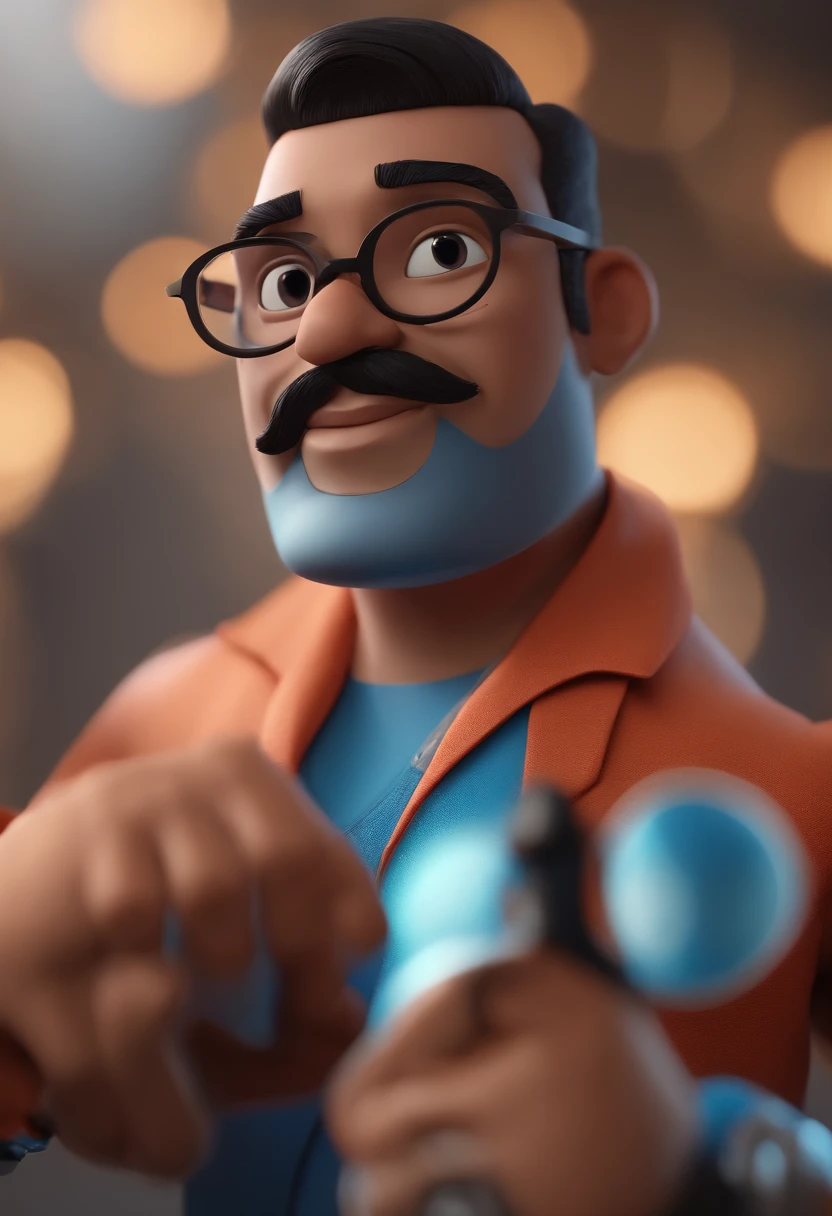 Cartoon character of a man with black glasses and a blue shirt, animation character, Caractere estilizado, animation style rendering, 3D estilizado, Arnold Maya render, 3 d render stylized, toon render keyshot, Personagem 3D, Personagem 3D, 3d rendering stylized, 3 d character render, personagem de desenho animado, Personagem de close up, Pose de personagem,  (Estilo Pixar) (master part:1.2) (Bokeh) (best quality) (pele detalhada) (textura detalhada) (8k) (argila) (Cinematic lighting) (foco nítido