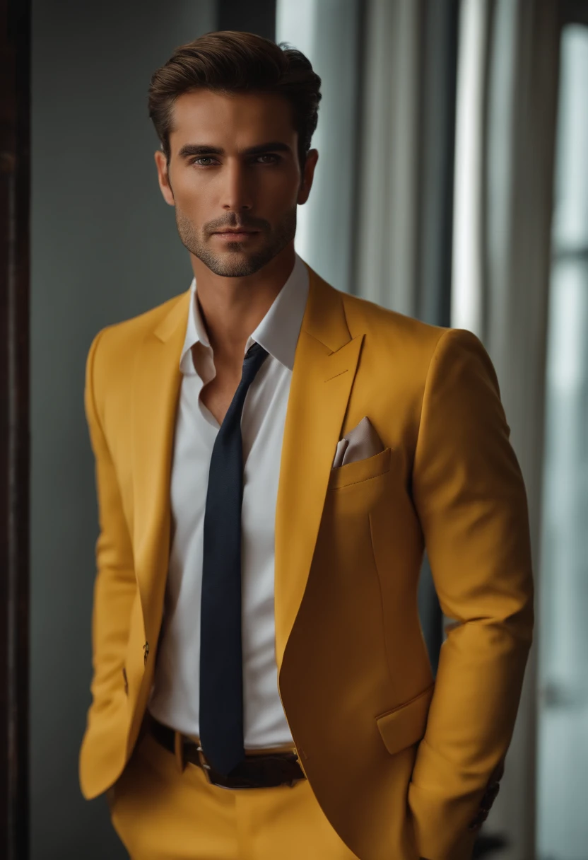 Attractive man in boss Hugo's business suit , Barba bonita , Executivo Homem Sexy, Terno Soo, Front camera focus, modo retrato, Perfectly straight in front of the camera