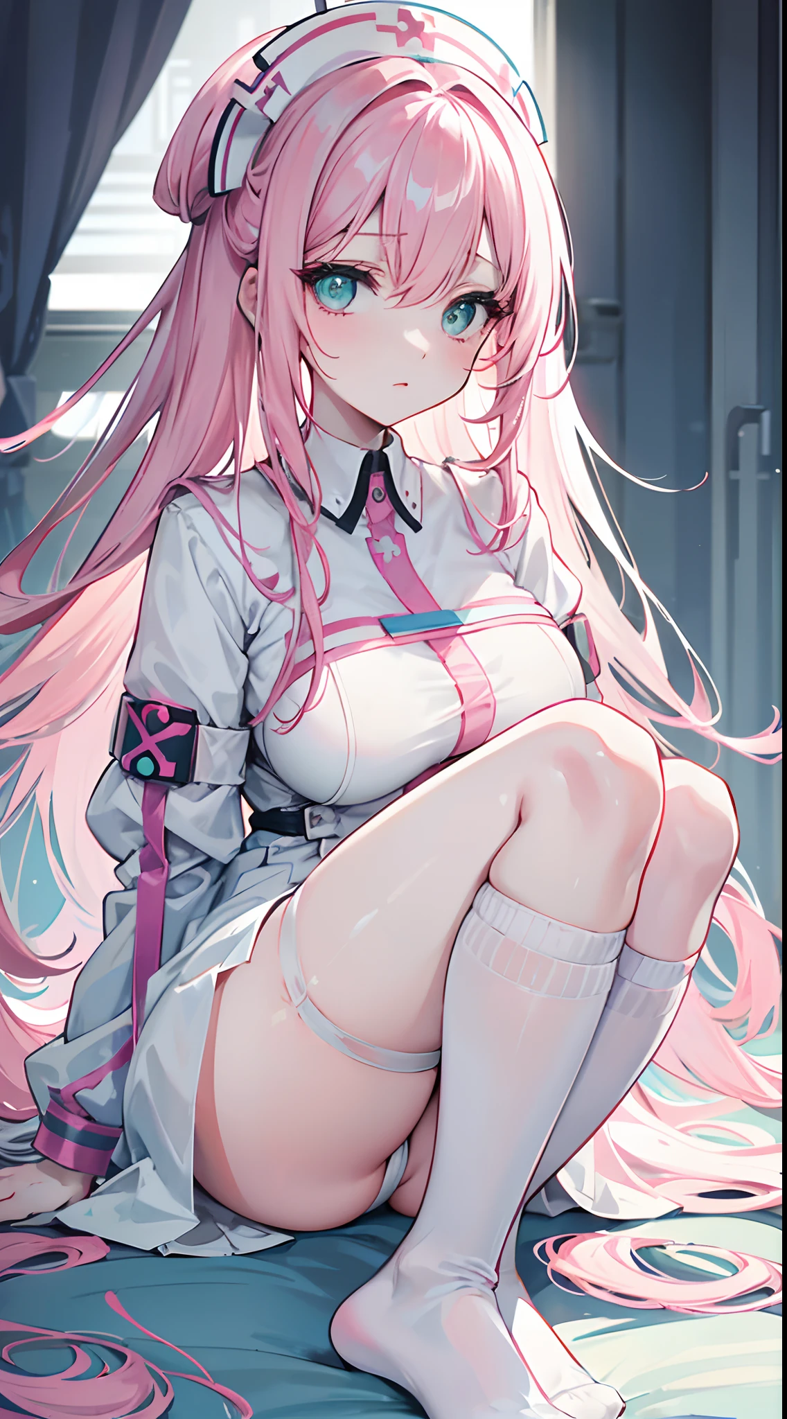 Long pale pink hair,Pale blue-green eyes,white nurse outfit,dark circles,Sit in the infirmary,White hands,close-up on legs,A black over-the-knee sock,A pair of white socks,Big Breasts Girl,big laughter,guffaw