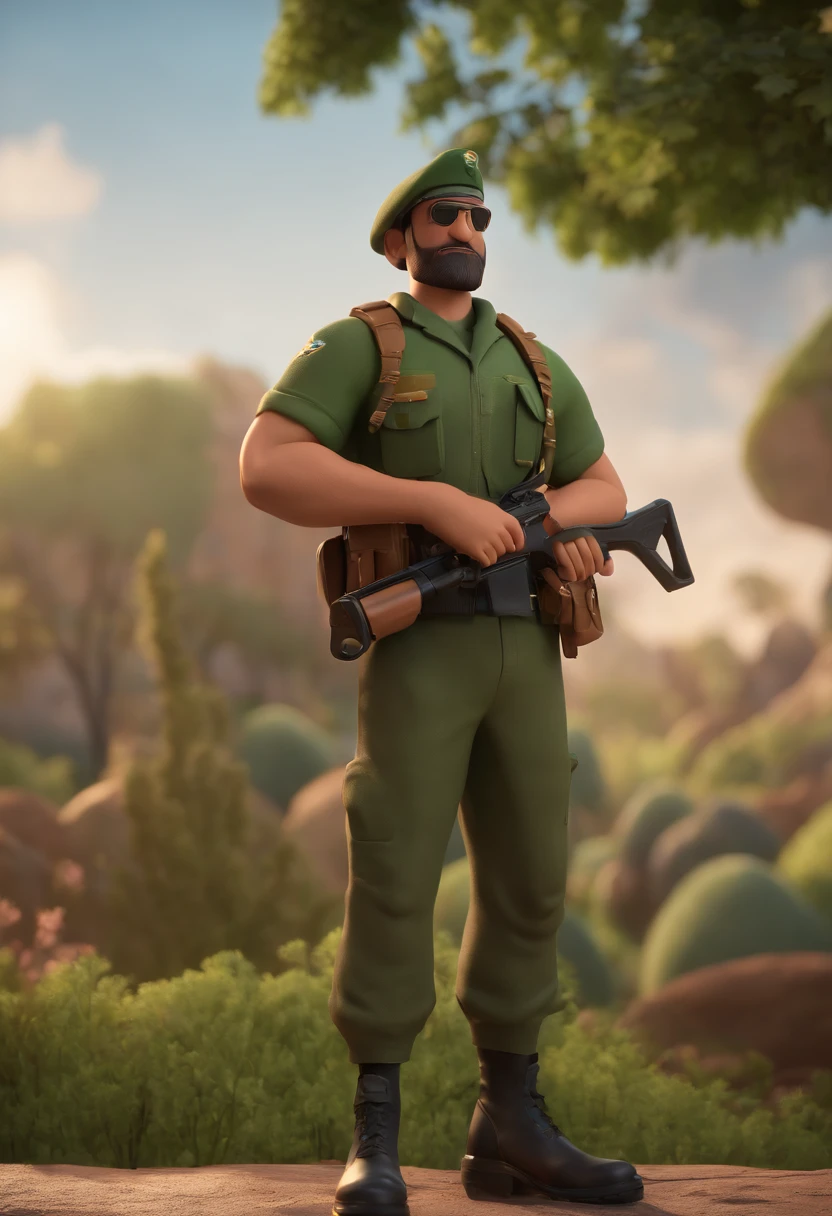 Cartoon character of a man with dark green military beret on bearded head, animation character, Caractere estilizado, animation style rendering, 3D estilizado, Arnold Maya render, 3 d render stylized, toon render keyshot, Personagem 3D, Personagem 3D, 3d rendering stylized, 3 d character render, personagem de desenho animado, Personagem de close up, Pose de personagem, (Estilo Pixar) (master part:1.2) (Bokeh) (melhor qualidade) (pele detalhada) (textura detalhada) (8k) (argila) (Cinematic lighting) (foco nítido