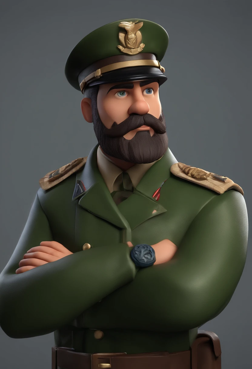 Cartoon character of a man with dark green military beret on bearded head, animation character, Caractere estilizado, animation style rendering, 3D estilizado, Arnold Maya render, 3 d render stylized, toon render keyshot, Personagem 3D, Personagem 3D, 3d rendering stylized, 3 d character render, personagem de desenho animado, Personagem de close up, Pose de personagem, (Estilo Pixar) (master part:1.2) (Bokeh) (melhor qualidade) (pele detalhada) (textura detalhada) (8k) (argila) (Cinematic lighting) (foco nítido
