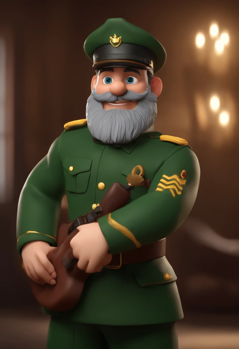 Cartoon character of a man with dark green military beret on bearded head, animation character, Caractere estilizado, animation style rendering, 3D estilizado, Arnold Maya render, 3 d render stylized, toon render keyshot, Personagem 3D, Personagem 3D, 3d rendering stylized, 3 d character render, personagem de desenho animado, Personagem de close up, Pose de personagem, (Estilo Pixar) (master part:1.2) (Bokeh) (melhor qualidade) (pele detalhada) (textura detalhada) (8k) (argila) (Cinematic lighting) (foco nítido