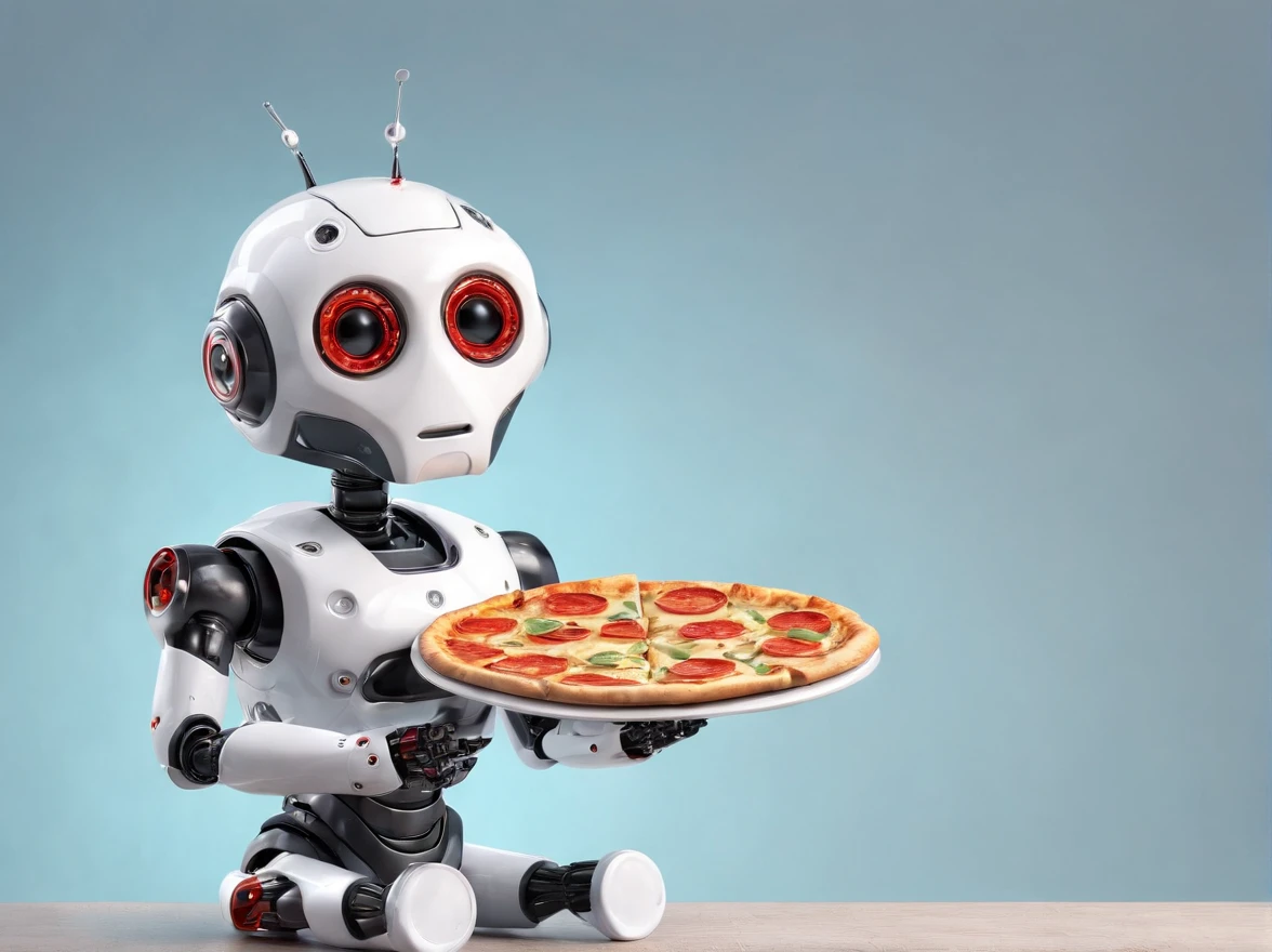 Cute robot eating pizza portrait