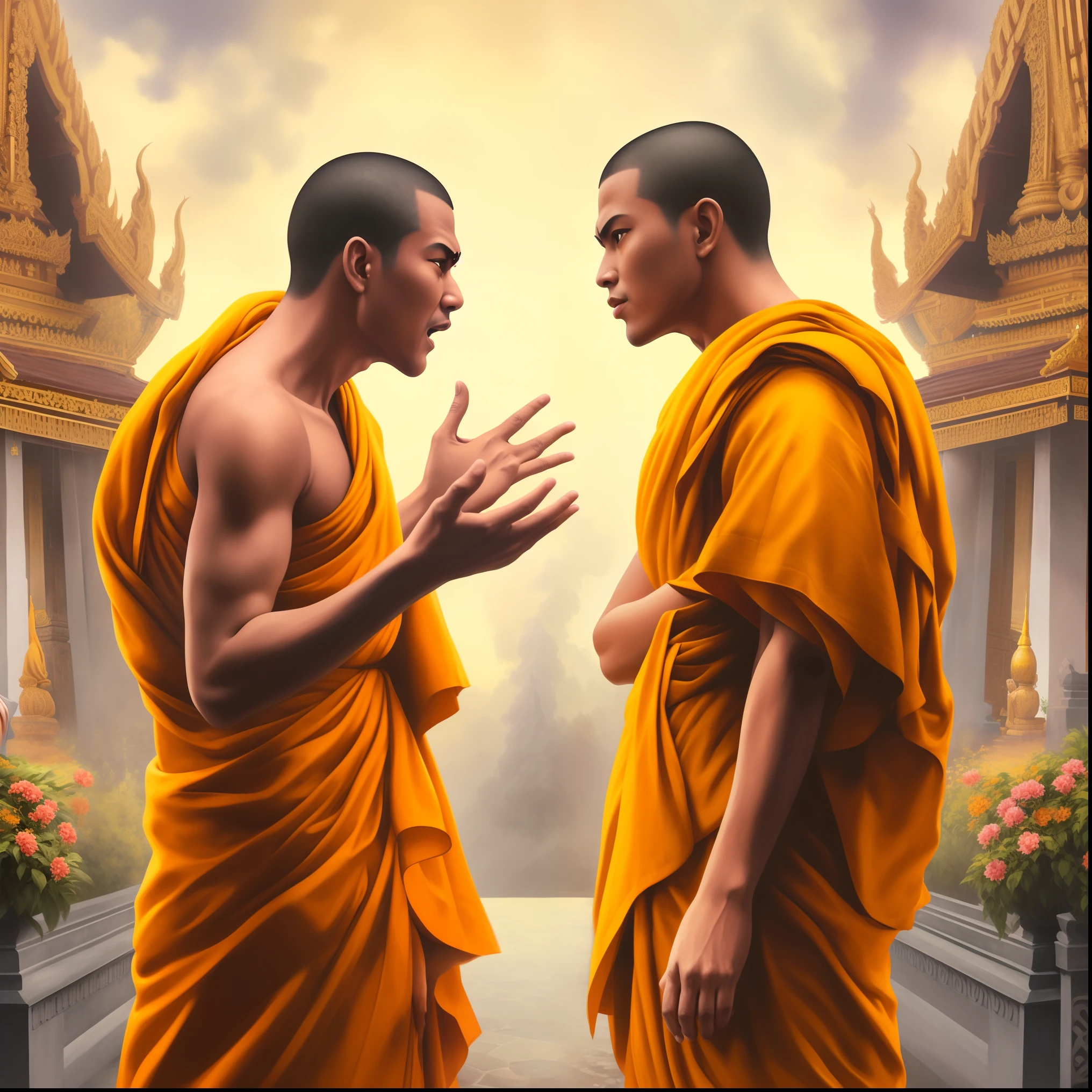 painting of two monks talking in front of a temple, monks, buddhism, tithi luadthong, buddhist, facing each other, monk, monk clothes, 2 1 st century monk, yellow robes, arguing, monks!!!!!!!!! fire, sylvain sarrailh and igor morski, thailand art, concept art of a monk, fisting monk, duality