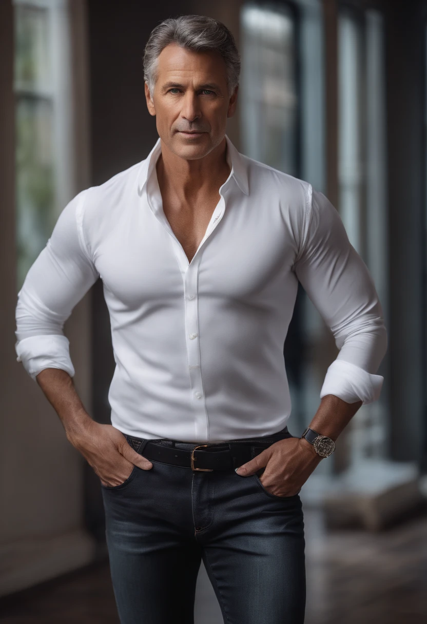 Original photo of an elegant man, 50yearsold, European, Brown eyes, Brunette blurred background, full body plane, Black jeans, White deep V-neck shirt, Raised sexy,looking at the camera in, Cinematic, small detailed, Photorealistic, Ultra Realistic Photo, 8K UHD, Digital SLR, Soft lighting, High quality, filmgrain, Fujifilm XT3, (Masterpiece),
