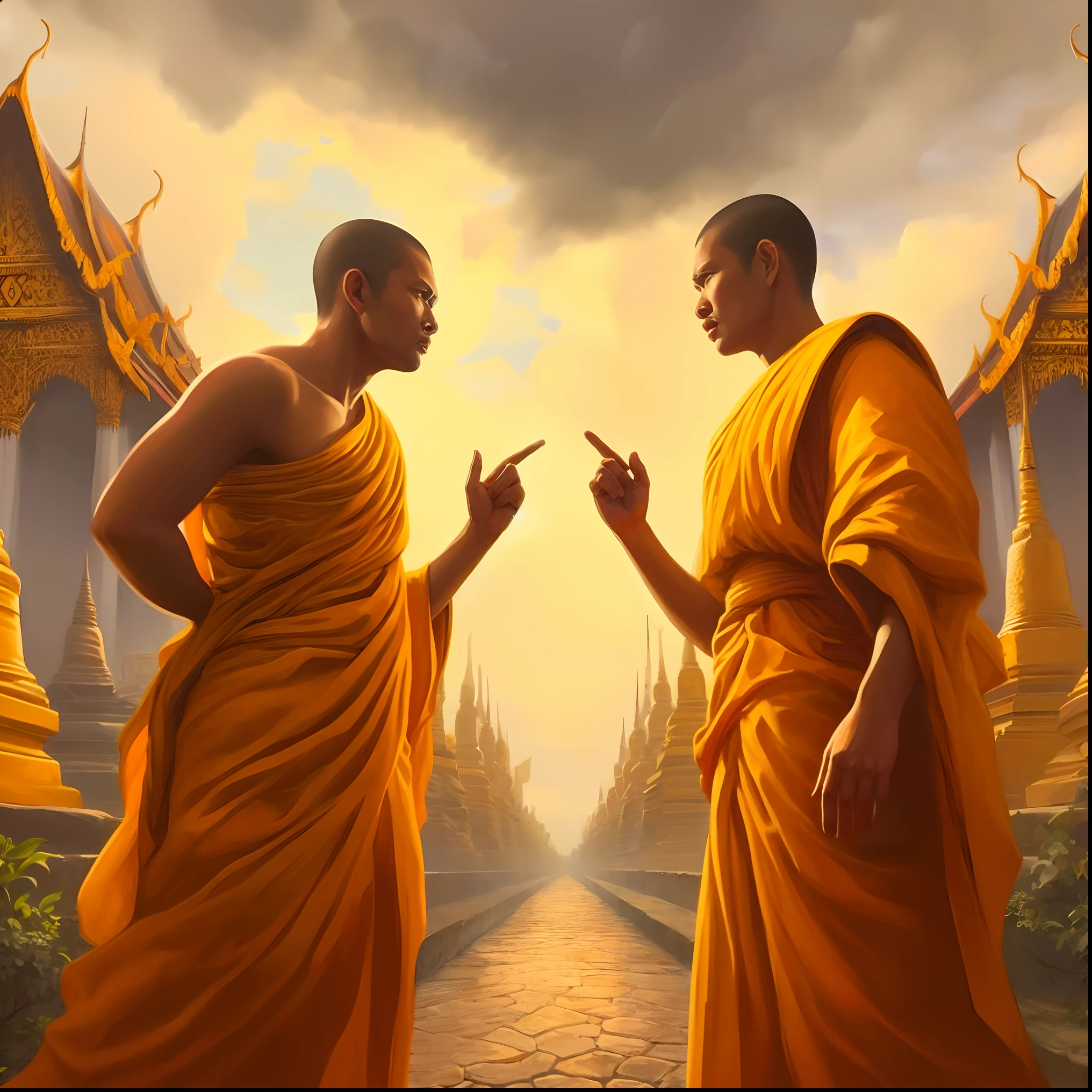 two monks in orange robes standing in front of a temple, monks, buddhism, on path to enlightenment, yellow robes, buddhist, on the path to enlightenment, tithi luadthong, monk clothes, monks!!!!!!!!! fire, facing each other, wearing brown robes, monk, godlike and stoic, sylvain sarrailh and igor morski, amazing depth