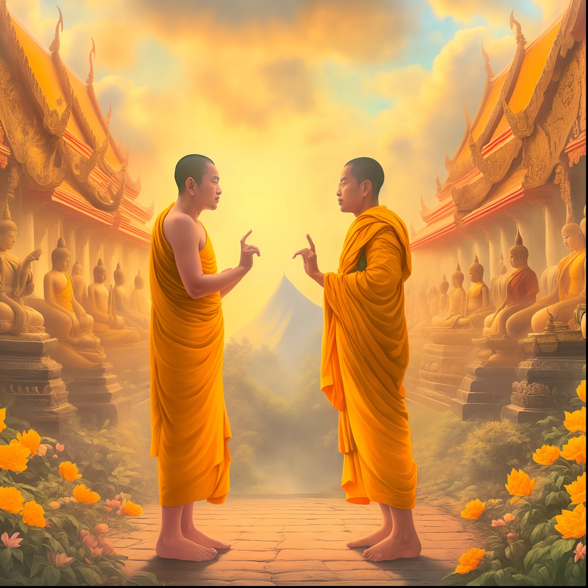 two monks in yellow robes standing in front of a temple, buddhism, buddhist, on path to enlightenment, on the path to enlightenment, monks, yellow robes, samsara, buddhist art, by John La Gatta, monk, enlightenment, monk clothes, spiritual enlightenment, facing each other, by John Moonan, beautiful depiction, artistic depiction, tithi luadthong