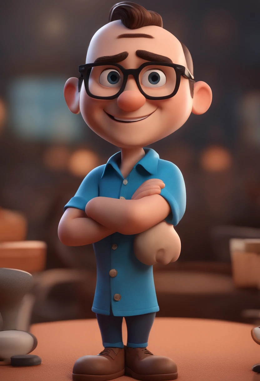 Cartoon character of a man with black glasses and a blue shirt, animation character, Caractere estilizado, animation style rendering, 3D estilizado, Arnold Maya render, 3 d render stylized, toon render keyshot, Personagem 3D, Personagem 3D, 3d rendering stylized, 3 d character render, personagem de desenho animado, Personagem de close up, Pose de personagem,  (Estilo Pixar) (master part:1.2) (Bokeh) (best quality) (pele detalhada) (textura detalhada) (8k) (argila) (Cinematic lighting) (foco nítido