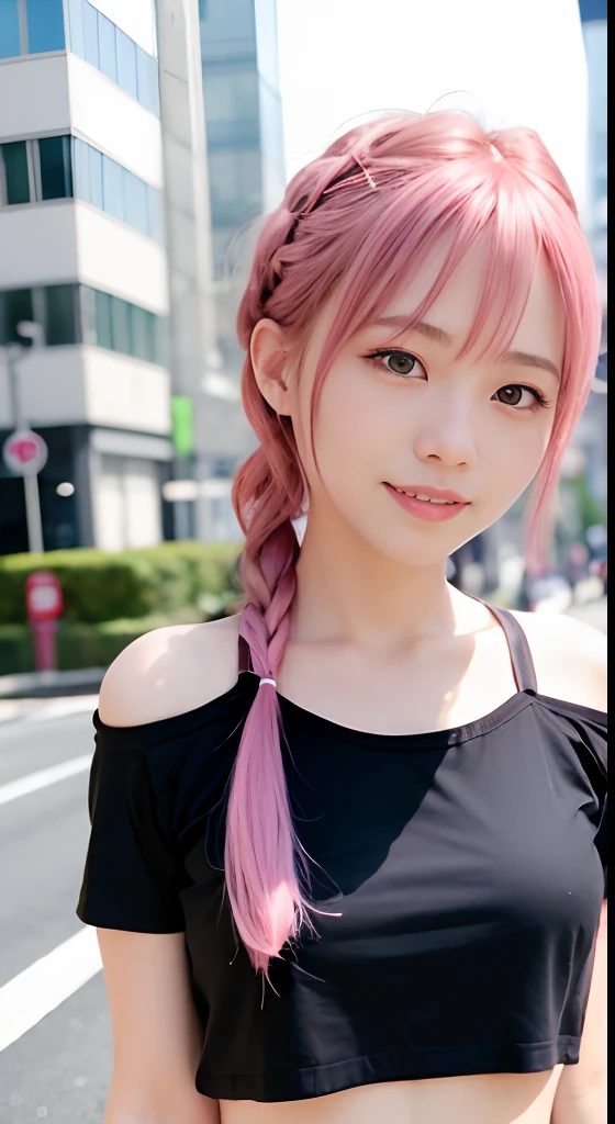 1人、Shibuya、natta、A city scape、city light、The upper part of the body、up close shot、Blue eyes,Full body,faces、(A smile:1.5)、small tits、Band T-shirt、(8K、Raw photography、top-quality、masterpiece:1.2)、(realisitic、photoRealstic:1.37), (Pink hair), Ear Hair, small tits, Single braid, (Single braid), (Side braid)