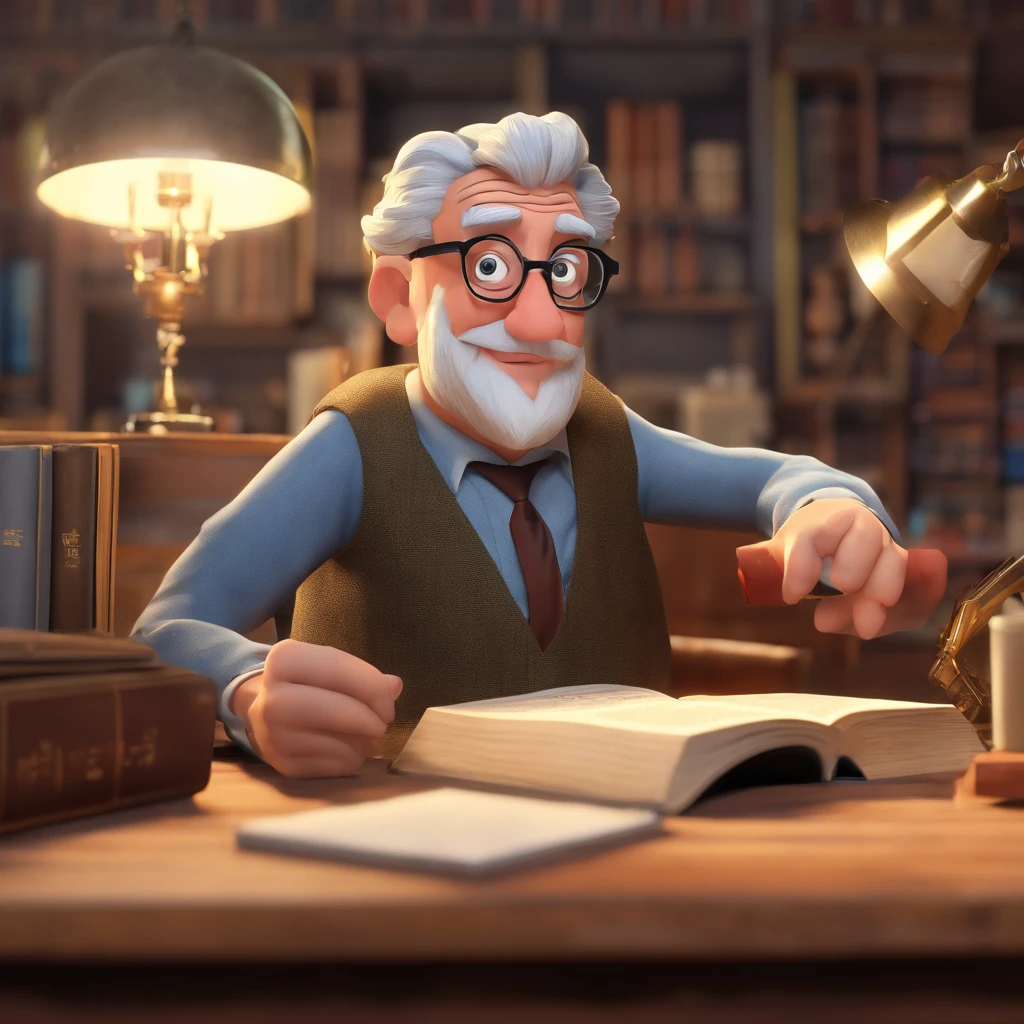 Crie um cartaz inspirado na Disney Pixar com o personagem sendo o pastor Rubens Janier, A gray-haired man wearing glasses, in an office with a Bible on the table, Looking forward and serious