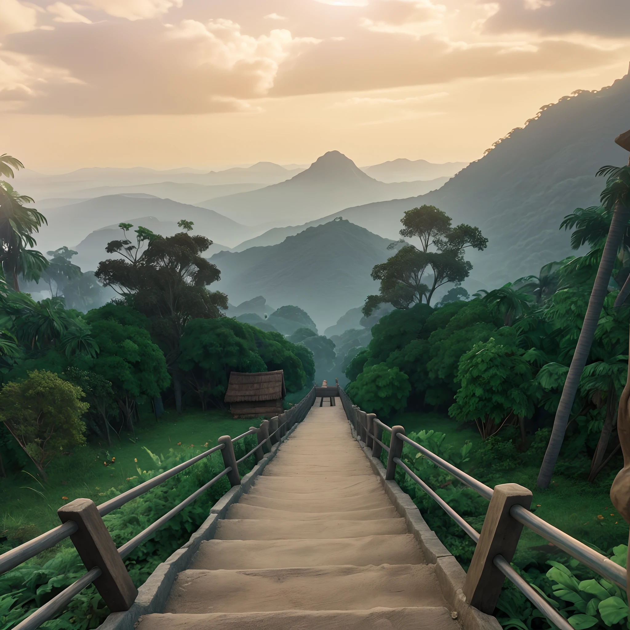 3d cartoon animation of this scene, 3d cartoon stairs,3d cartoon jungle,3d cartoon fence,3d cartoon mountain