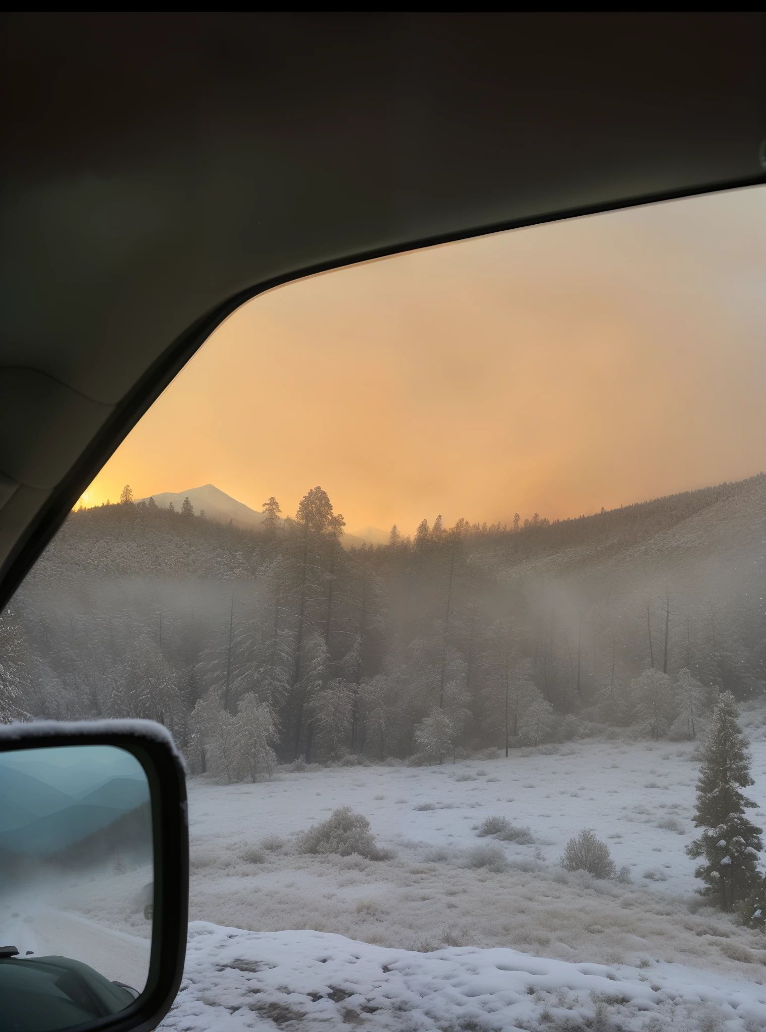 Snow-capped scenery from the car window, viewed through the cars window, Forest fires in the distance, traveling through the mountains, 4 0 9 6, mountains and sunset!!, cold light from the window, dusting of snow, landscape from a car window, snowy canyon at dawn, sunset in a valley, the light is bright and wintry