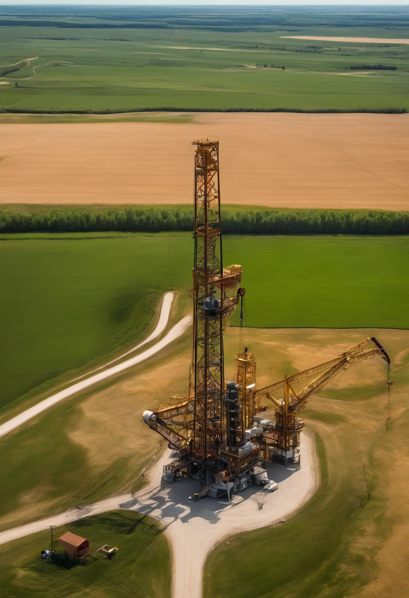 Hyper-realistic，aerial shot，oil field，Pumping unit，extensive grasslands，Top angle of view，photore，Many pumping units，pipelines