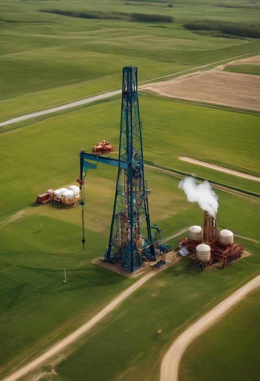 Hyper-realistic,aerial shot,oil field,Pumping unit,extensive grasslands,Top angle of view,photore,Many pumping units,pipelines
