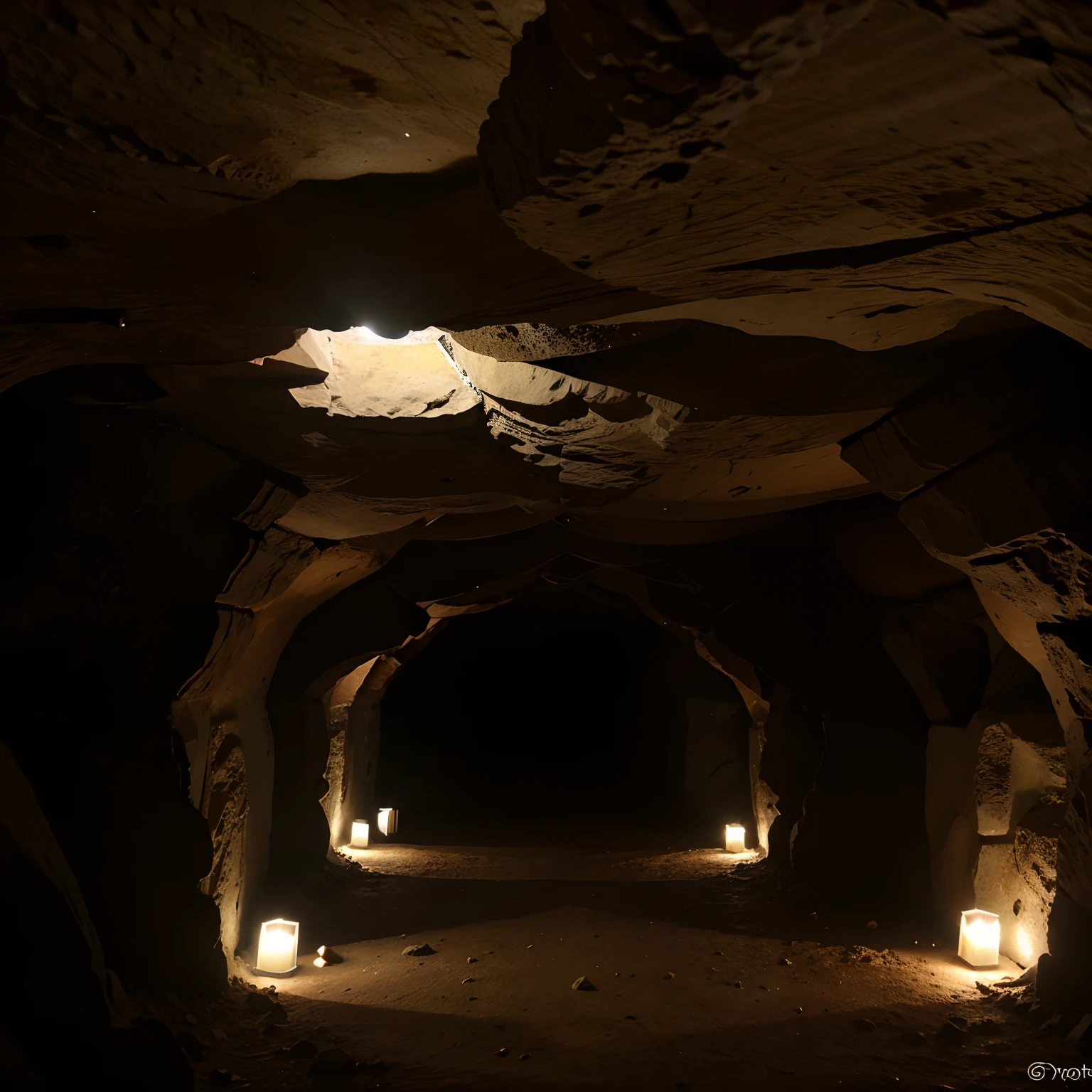 Interior de uma caverna com tochas,