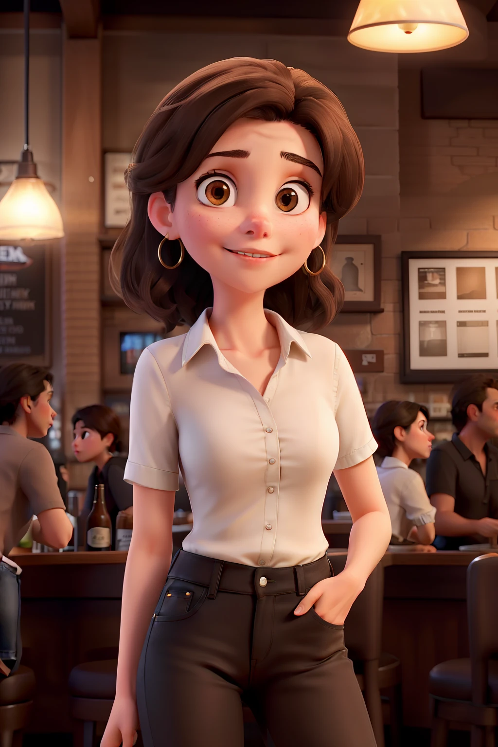 Young white woman, medium dark brown hair, brown eyes wearing jeans and black blouse drinking beer in a New York bar