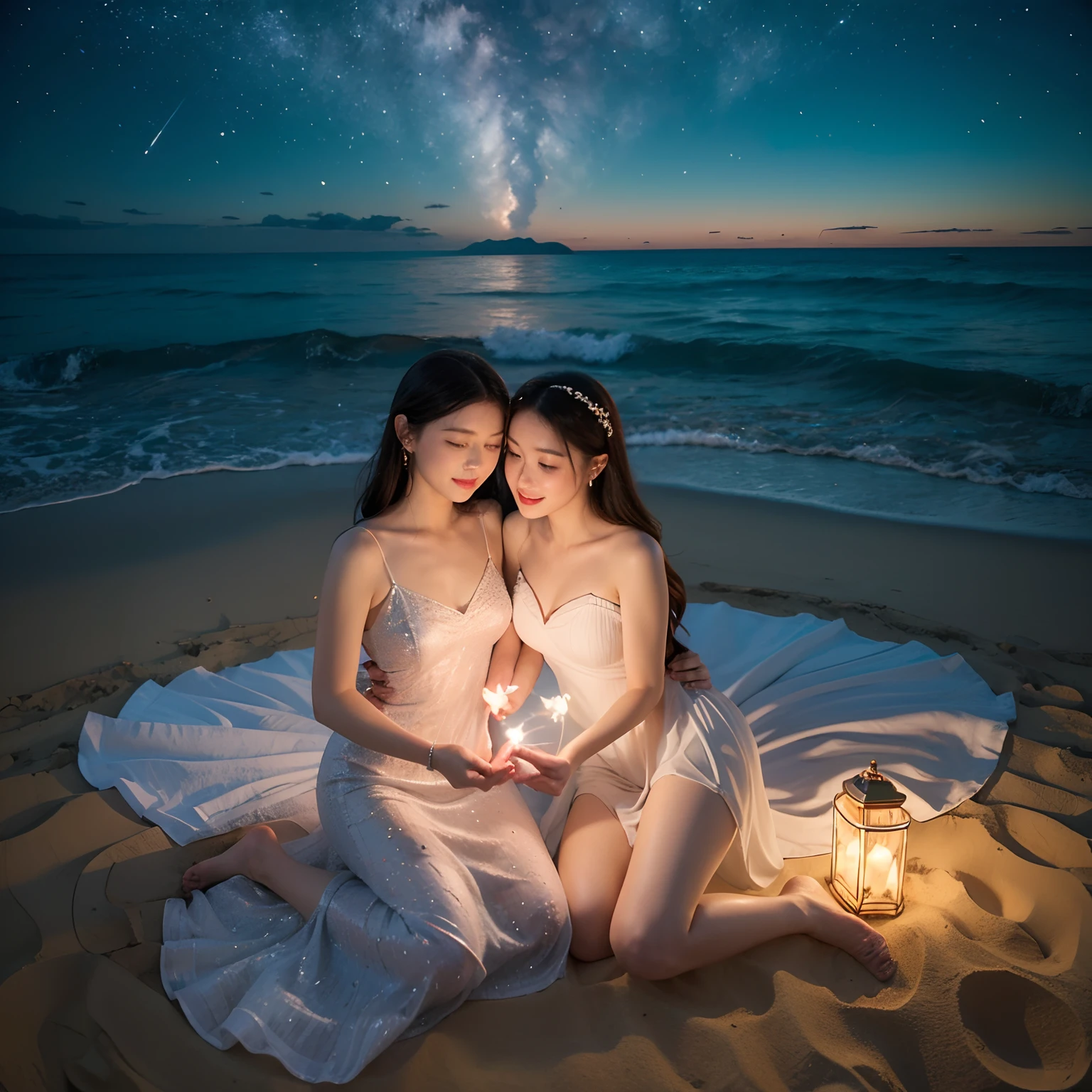 CG rendered two red and white hearts on the sand with a ring of sparkling roses and shiny opals, crystal clear and sparkling, moonlight on white sand, blue sea, Pearl, super Clear picture quality, Super Detail, Firefly, Lighting Effects, Wonderland Romance 1 by Thomas Kincaid, Krenz and victo nagi, cgsociety Trends, Soft Light, Ultra Wide Angle, Vista, Fairy Tale, Fantasy, HD 8k HD, Suoversaturated, Figures, Signature, Depth of FieldHD