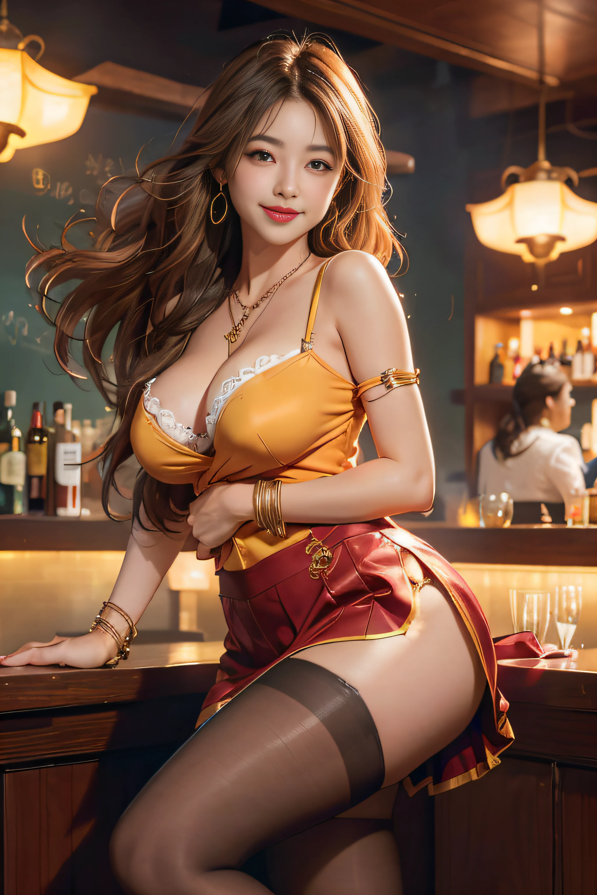 high-level image quality、bright clothes、opencrotch、seductiv、newyork、a bar counter、Colossal tits、pantyhose、耳Nipple Ring、a necklace、A bracelet、 Sight Feet, Cinematic soft lighting、American Schoolgirl Look, Short skirt, Thigh high stockings, long messy windy dark blonde hair, Seductive perfect smile, Sensual milf, hot woman, Gorgeous