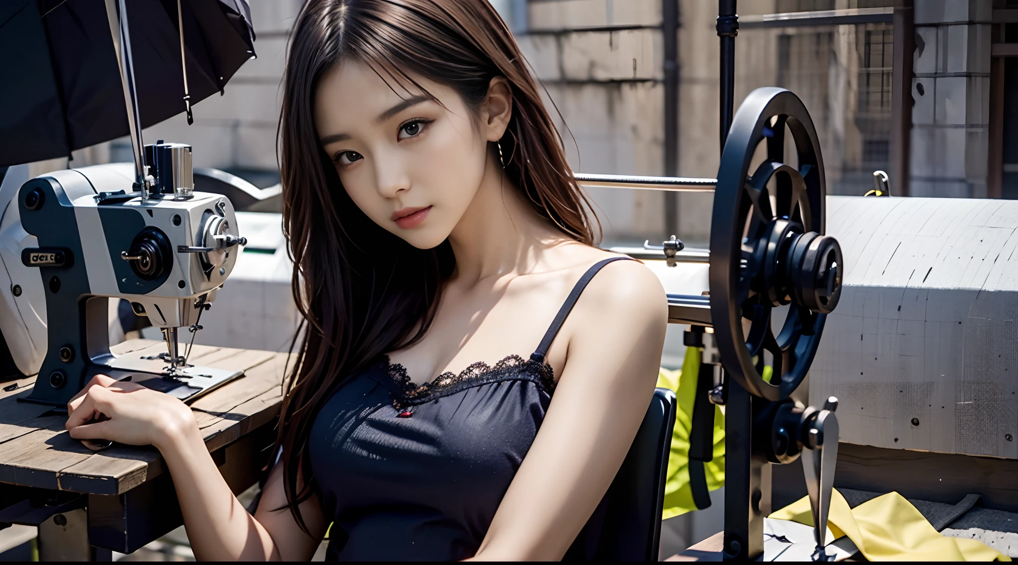 A beautiful woman using a sewing machine is depicted in detail、8K