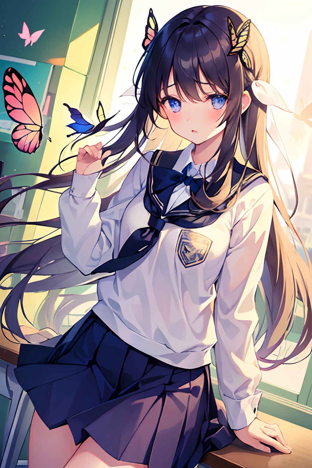 1girl, young girl, ivory hair, long hair, bangs, wearing a school uniform, a bored face, in the class room, hair ribbon, ((flying butterflies)), ((dreamy))