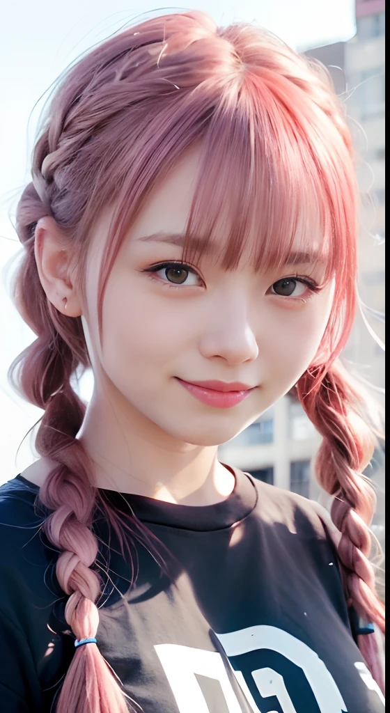 1人、Shibuya、natta、A city scape、city light、The upper part of the body、up close shot、Blue eyes,Full body,faces、(A smile:1.5)、small tits、Band T-shirt、(8K、Raw photography、top-quality、masterpiece:1.2)、(realisitic、photoRealstic:1.37), (Pink hair), Ear Hair, small tits, Single braid, (Single braid), (Side braid)
