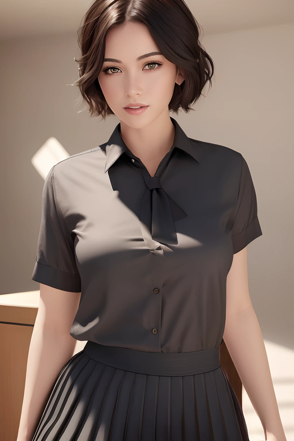 (masterpiece:1.3), (8k, photorealistic, RAW photo, best quality: 1.4), (1girl), beautiful face, (realistic face), (black hair, short hair:1.3), beautiful hairstyle, (realistic eyes), beautiful detailed eyes, long eyelashes, (realistic skin), beautiful skin, [medium breasts:0.2], (perfect body:1.3), (detailed body:1.2), (necktie), (collared shirt, pleated skirt:1.3), absurdres, attractive, ultra high res, ultra realistic, highly detailed, soft lightning, golden ratio,